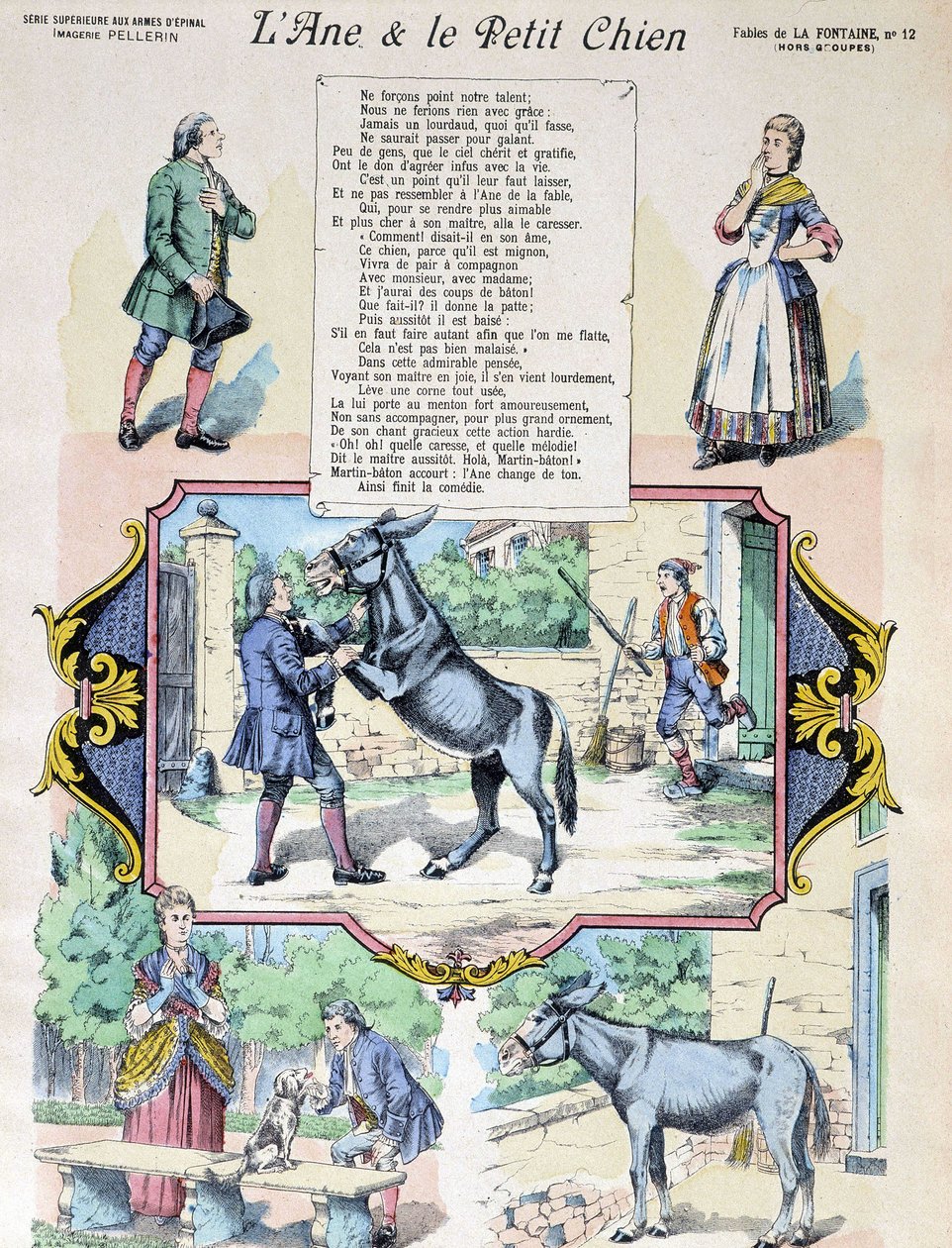 Fable de La Fontaine "الحمار والكلب الصغير". مصدر الصورة: Epinal-Pellerin بواسطة المدرسة الفرنسية