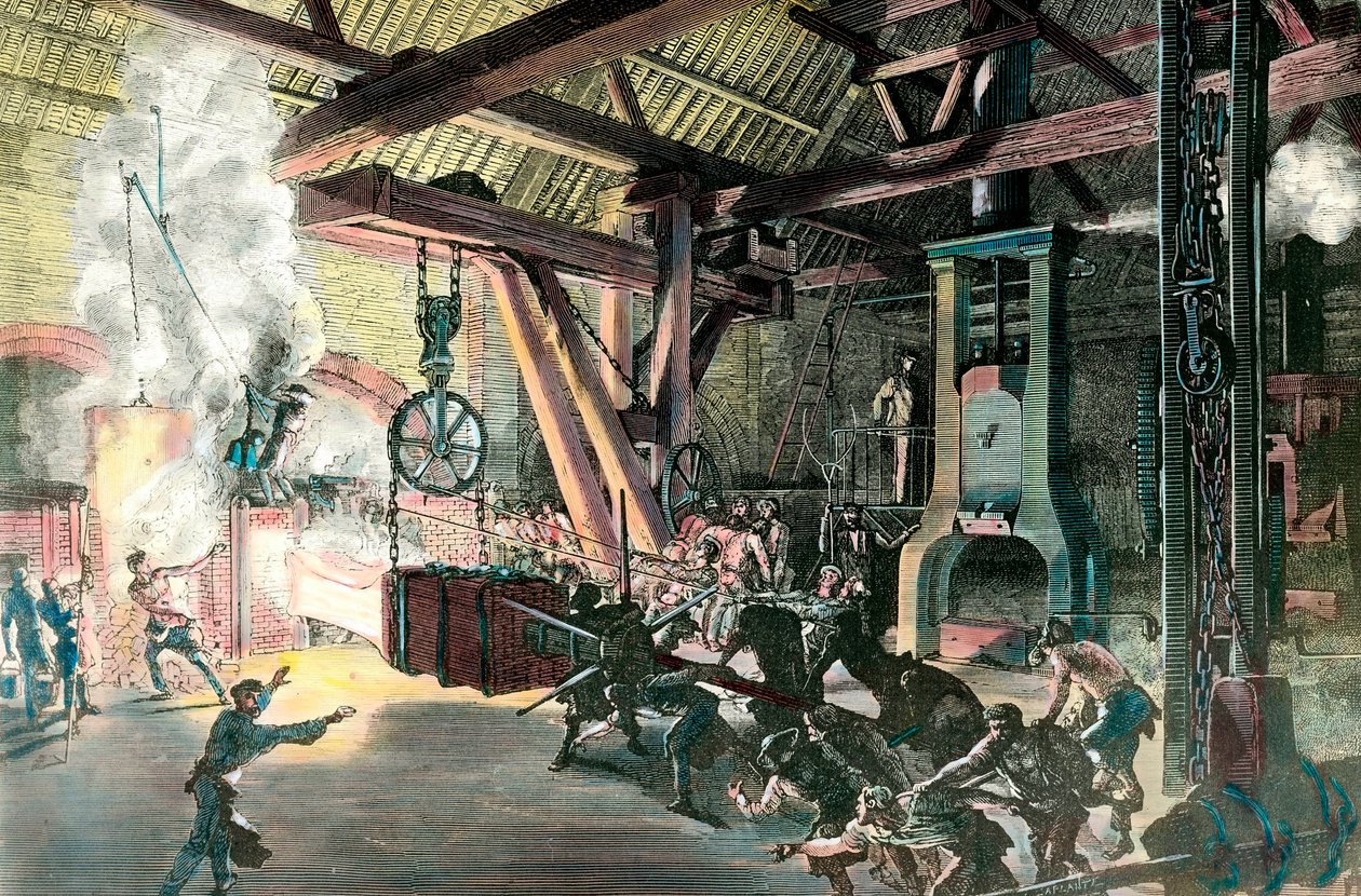 المصنع: "" Le hamteau Drummer (المطرقة-الطبال) des Forges du Creusot في عام 1865 "" نقش حوالي عام 1865. مجموعة خاصة بواسطة المدرسة الفرنسية