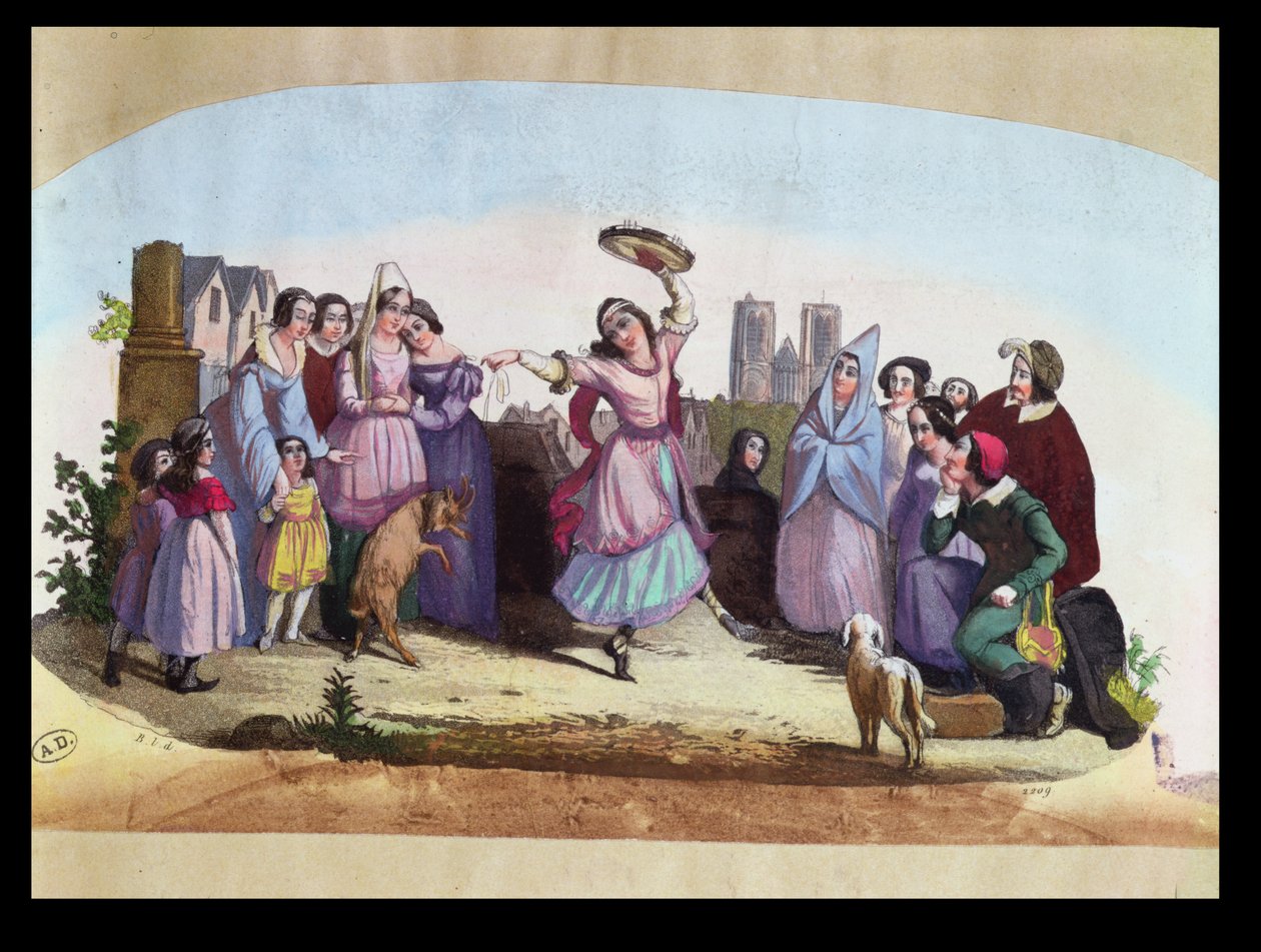 تصميم مروحة يصور مشهدًا من La Esmeralda ، أوبرا من تأليف Louise-Angelique Bertin (1805-77) بعد رواية Victor Hugo (1802-85) c.1836 بواسطة المدرسة الفرنسية