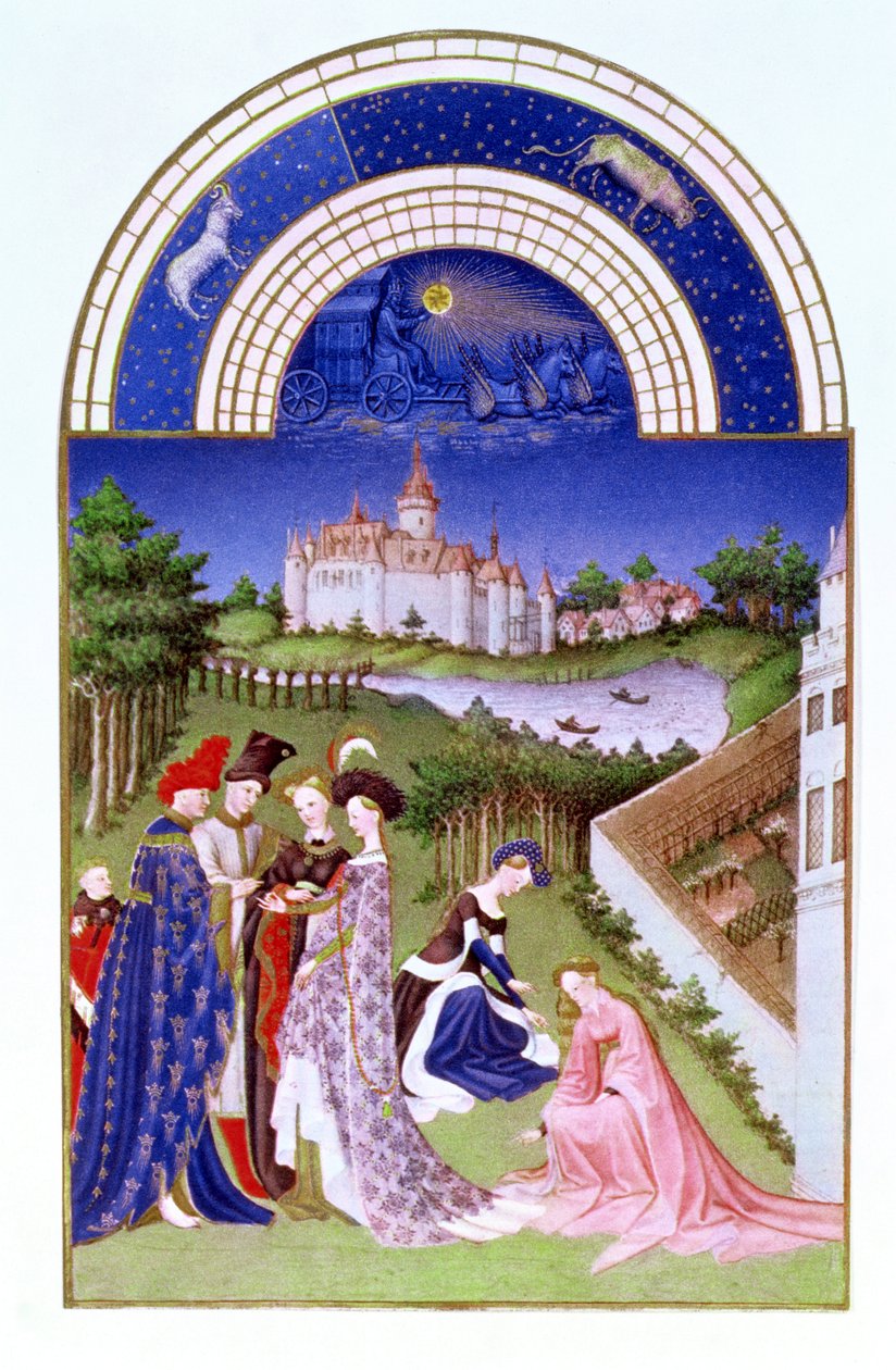Fascimile of April: شخصيات قذرة في ساحة القلعة من قبل الإخوة Limbourg ، من Tres Riches Heures du Duc de Berry (للأصل انظر 8436) بواسطة المدرسة الفرنسية