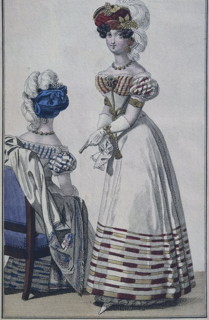 لوحة الموضة ، باريس ، رسم توضيحي من Le Petit Courrier des Dames ، c.1820 (نقش ملون) بواسطة المدرسة الفرنسية