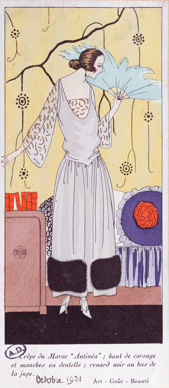 لوحة أزياء تصور مروحة مصنوعة من الريش ، من Art ، Gout ، Beaute ، 1921 ، (طباعة pochoir) بواسطة المدرسة الفرنسية