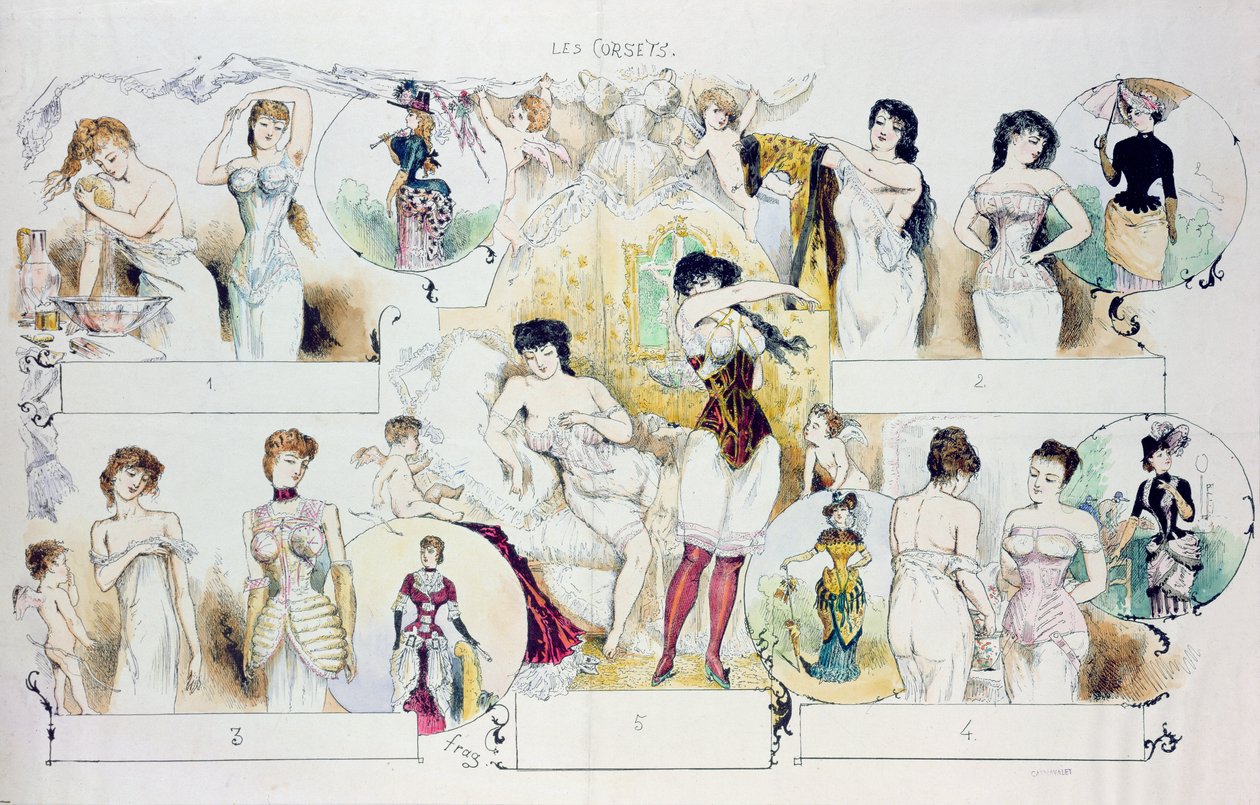 لوحة الموضة لـ La Vie Parisienne التي تصور الكورسيهات ، c.1870 (نقش ملون) بواسطة المدرسة الفرنسية