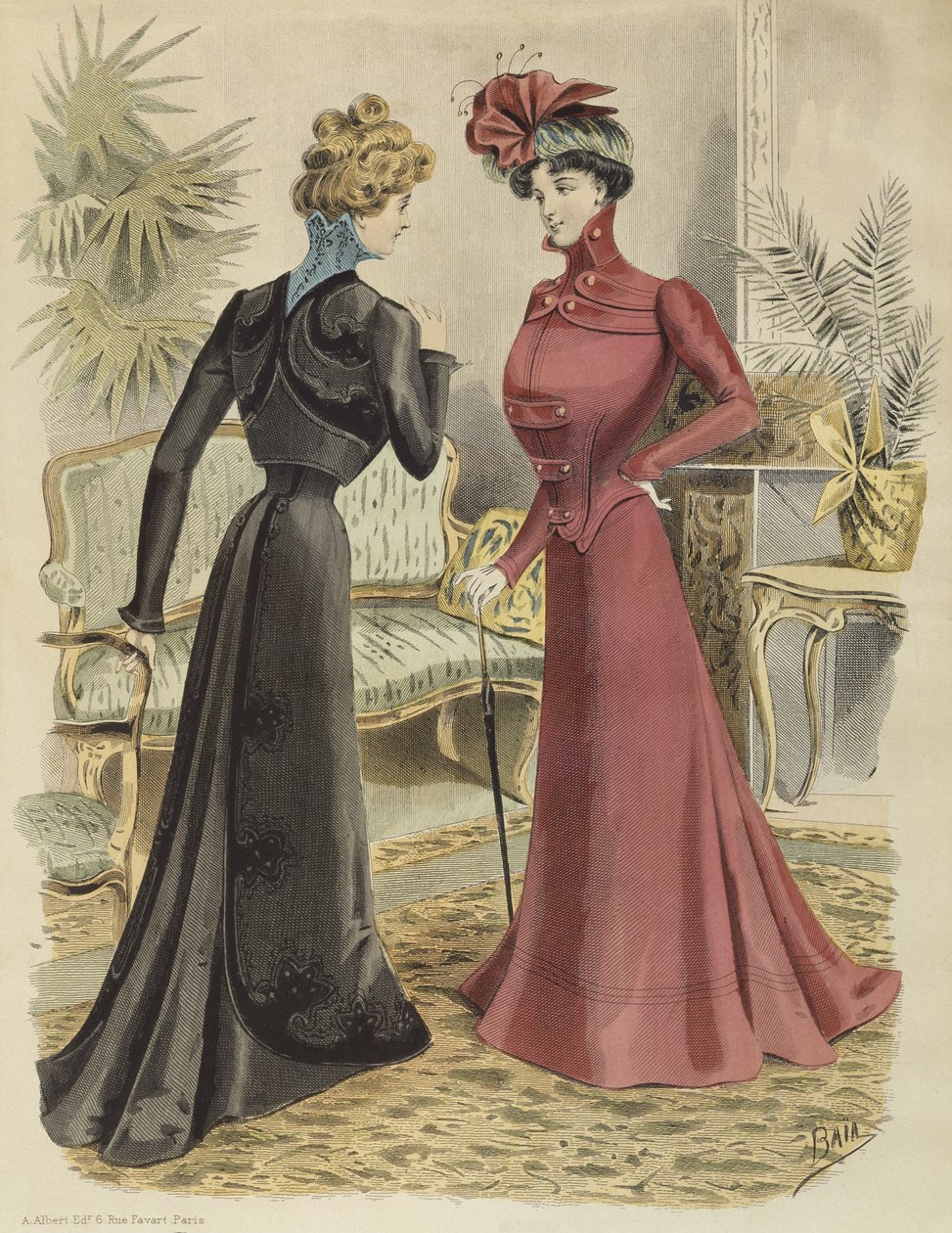 لوحة الموضة ، في غرفة المعيشة ، رسم توضيحي من La Nouvelle Mode ، 1897 (نقش ملون) بواسطة المدرسة الفرنسية