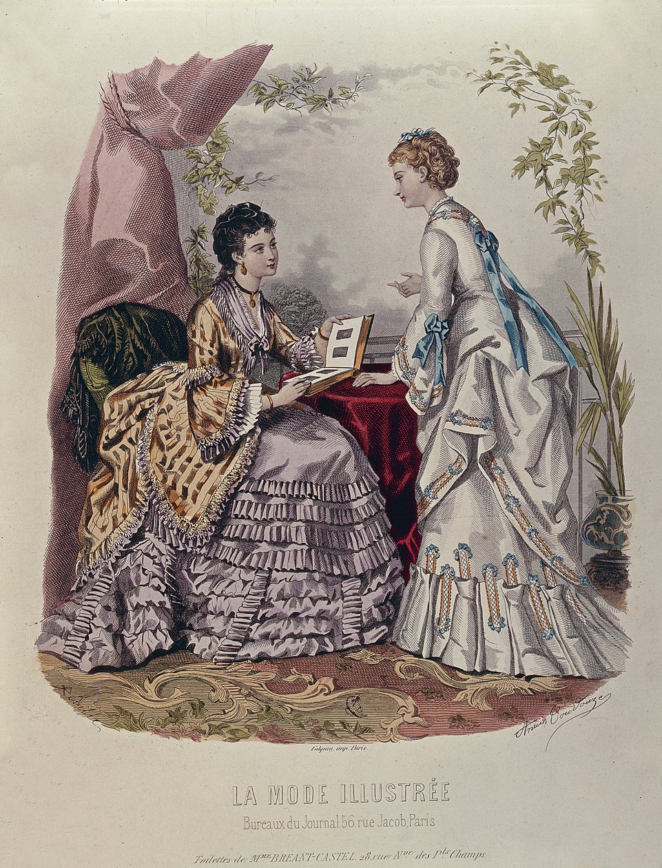 لوحة أزياء تظهر السيدات في فساتين مصممة من قبل Mme Breant-Castel وتنظر في ألبومات الصور ، 1872 بواسطة المدرسة الفرنسية