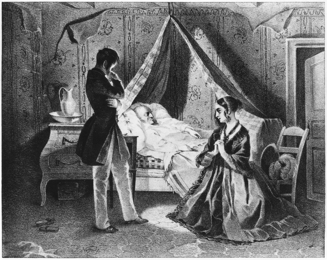 الأب جوريو على فراش الموت ، رسم توضيحي من فيلم Le Pere Goriot بقلم هونور دي بلزاك (1799-1850) بواسطة المدرسة الفرنسية