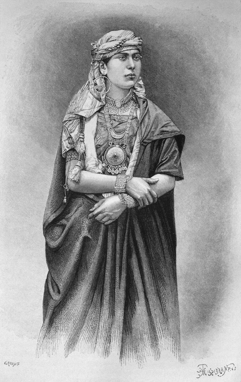 فتاة فلاحيين ترتدي فستان احتفالي من سوريا اليوم. رحلات إلى فينيسيا ولبنان وجودي. 1875-1880 من لويس تشارلز إميل لورت ، 1884 (النقش وزن الجسم) بواسطة المدرسة الفرنسية