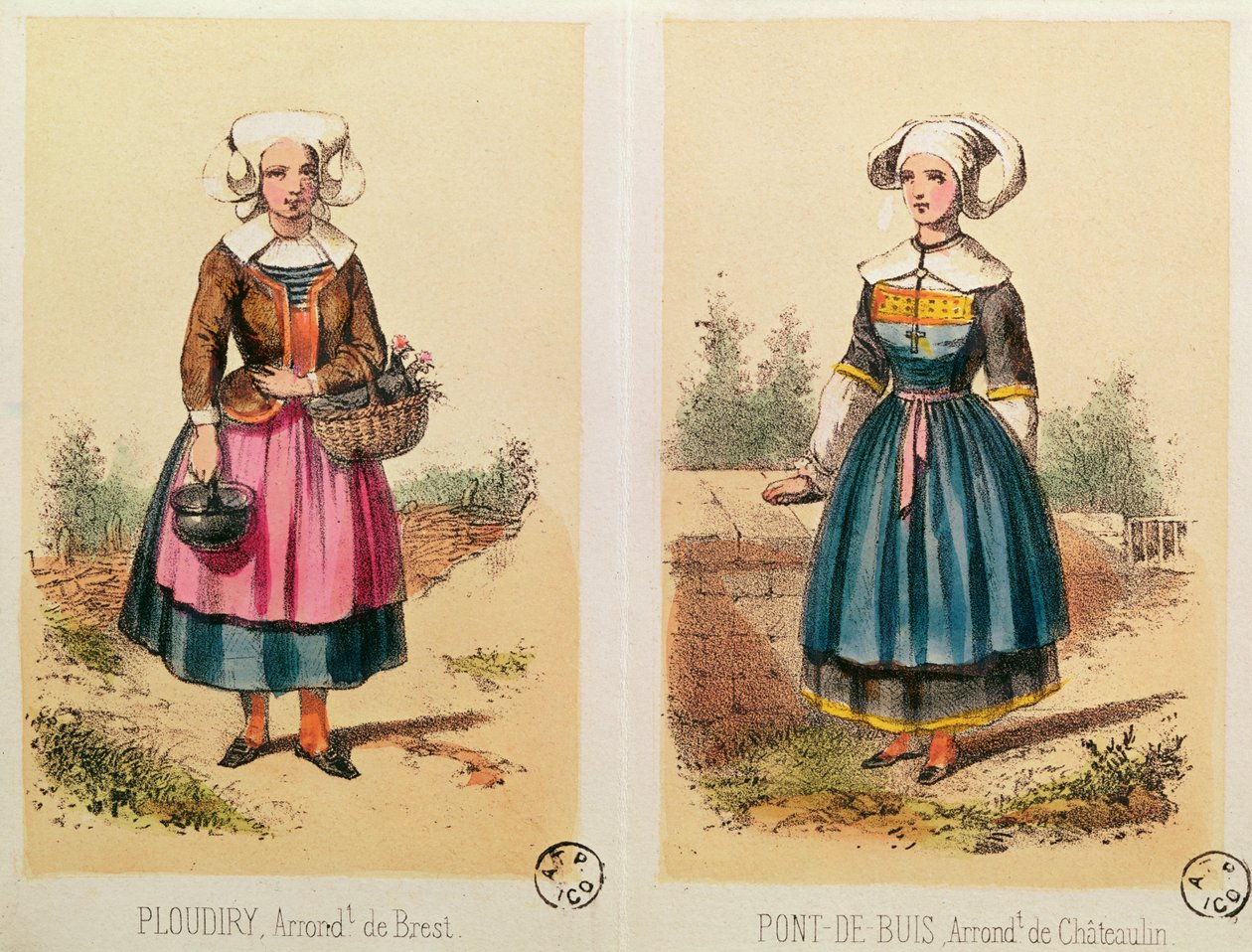 الأزياء النسائية من Ploudiry و Pont de Buis ، من Les Costumes Bretons de Sorrieu بواسطة المدرسة الفرنسية