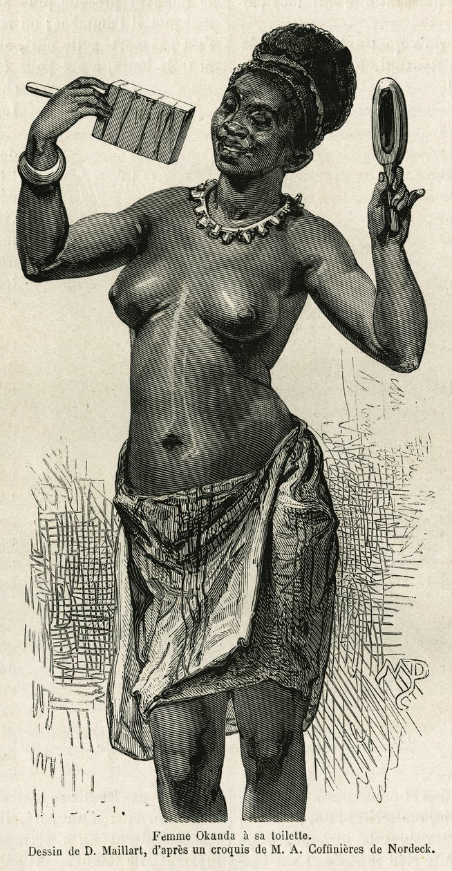 Femme Okanda has her toilet, drawing by D.Maillard, to illustrate the story of a trip to Gabon and the Ogoue River, in 1875-1877, by Alfred Marche. Engraving in Le tour du monde بواسطة المدرسة الفرنسية