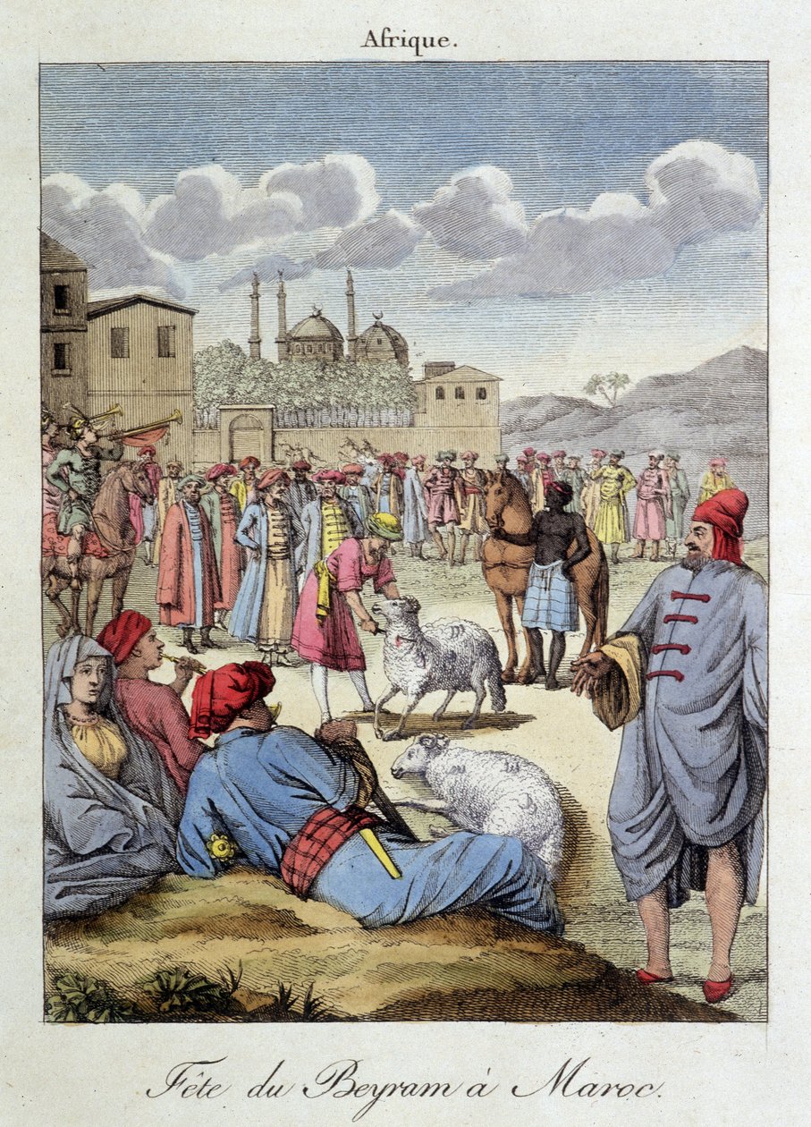 Fete du Beyram (المعونة) والتضحية بالأغنام في المغرب - في "" عادات وتقاليد الشعوب "، إد هوكوارت ، باريس بواسطة المدرسة الفرنسية
