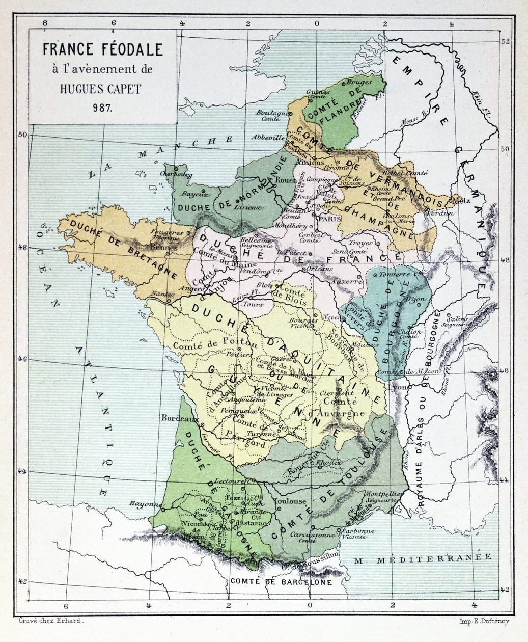 فرنسا الإقطاعية في وقت انضمام هوجت كابيت في عام 987 ، خريطة موضحة في هيستوار دي فرانس c.1880 بواسطة المدرسة الفرنسية