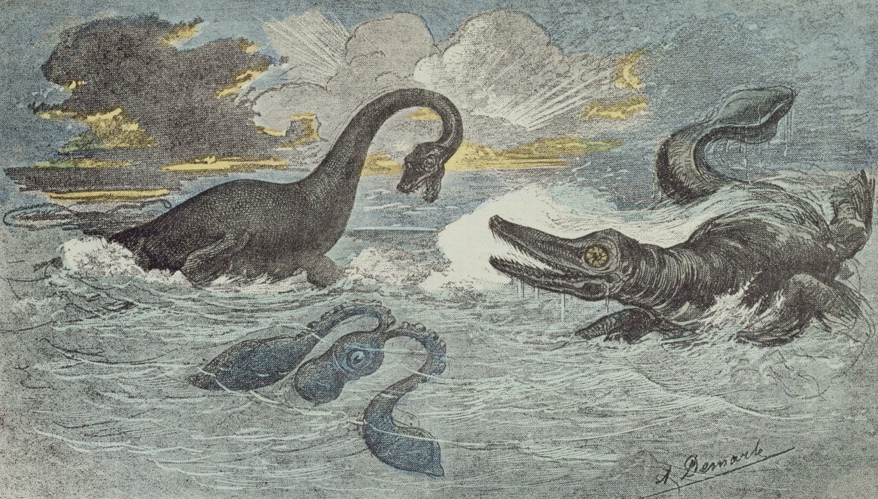 قتال بين Plesiosaurus و Ichthiosaurus في العصر Liassic أو الجوراسي (قبل 208 إلى 146 مليون سنة) ، 1880 (نقش الألوان) بواسطة المدرسة الفرنسية