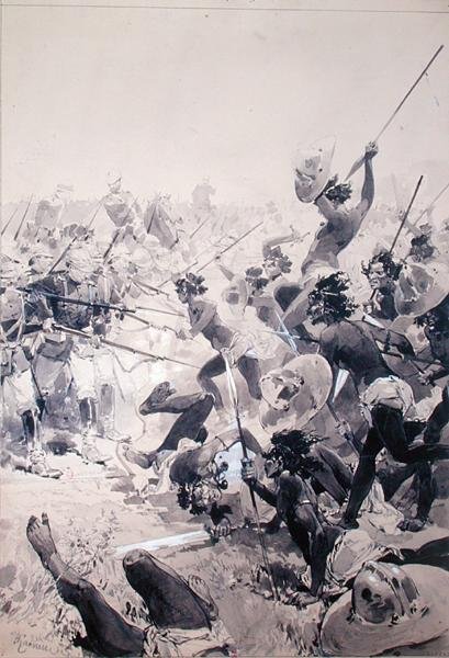 القتال بين زولوس والجنود الإنجليز ، حوالي 1878 (ألوان مائية على ورق) بواسطة المدرسة الفرنسية