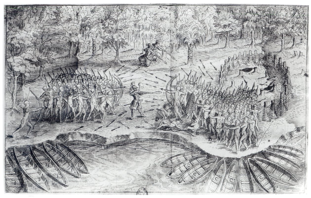 محاربة هورونز ، من "رحلة دي شامبلين عام 1624" بقلم صامويل دي شامبلين (1567-1635) بواسطة المدرسة الفرنسية
