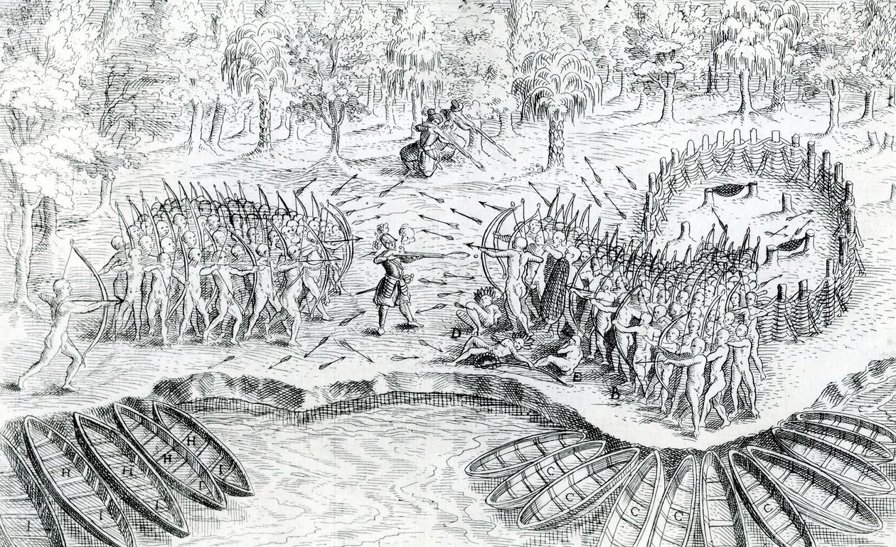 قتال هورونز ، من رحلة دي شامبلين عام 1624 بقلم صامويل دي شامبلين ، 1567-1635 بواسطة المدرسة الفرنسية