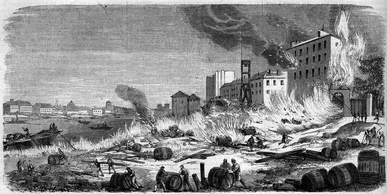 حريق مستودعات نبيذ بيرسي في 5 أغسطس 1860. نقش في "" Le Monde Illustré "" رقم 174 بتاريخ 11 أغسطس 1860. بواسطة المدرسة الفرنسية
