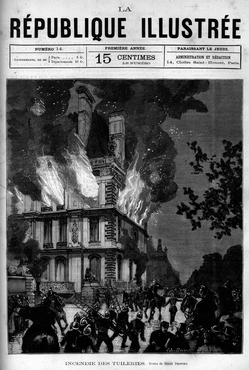 حريق جناح فلور في التويلري في باريس. جريدة. نقش من عام 1880 في المجموعة الخاصة "La republique illustree". بواسطة المدرسة الفرنسية