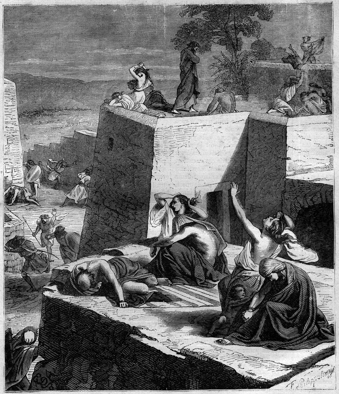 الحملة الصليبية الأولى (1096-1099): قامت الحملات الصليبية الألمانية بسحق الهنغاريين وإشعال النار في المدن. نقش في "Histoire des Papes-Rois-Queen و Empereurs a travers les years" بقلم موريس لاشاتر بواسطة المدرسة الفرنسية