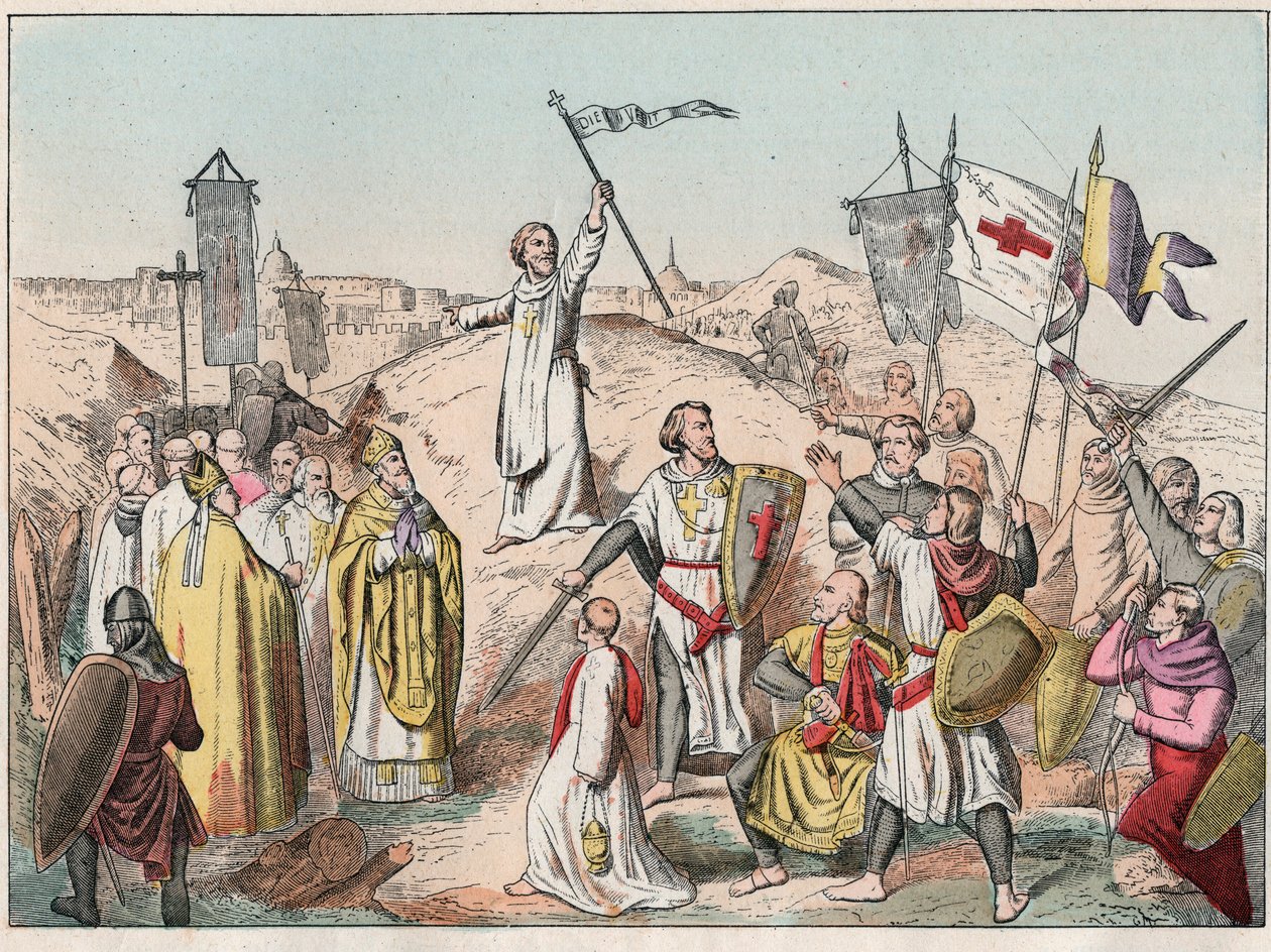 الحملة الصليبية الأولى: الحصار والاستيلاء على القدس من قبل الكروس بقيادة جودفروي (غودفروي) دي بويون (1058-1100) عام 1099 - غودفري دي بوالون عند حصار القدس - نقش نهاية القرن التاسع عشر في "" Nos Gires Nationales - صور e بواسطة المدرسة الفرنسية