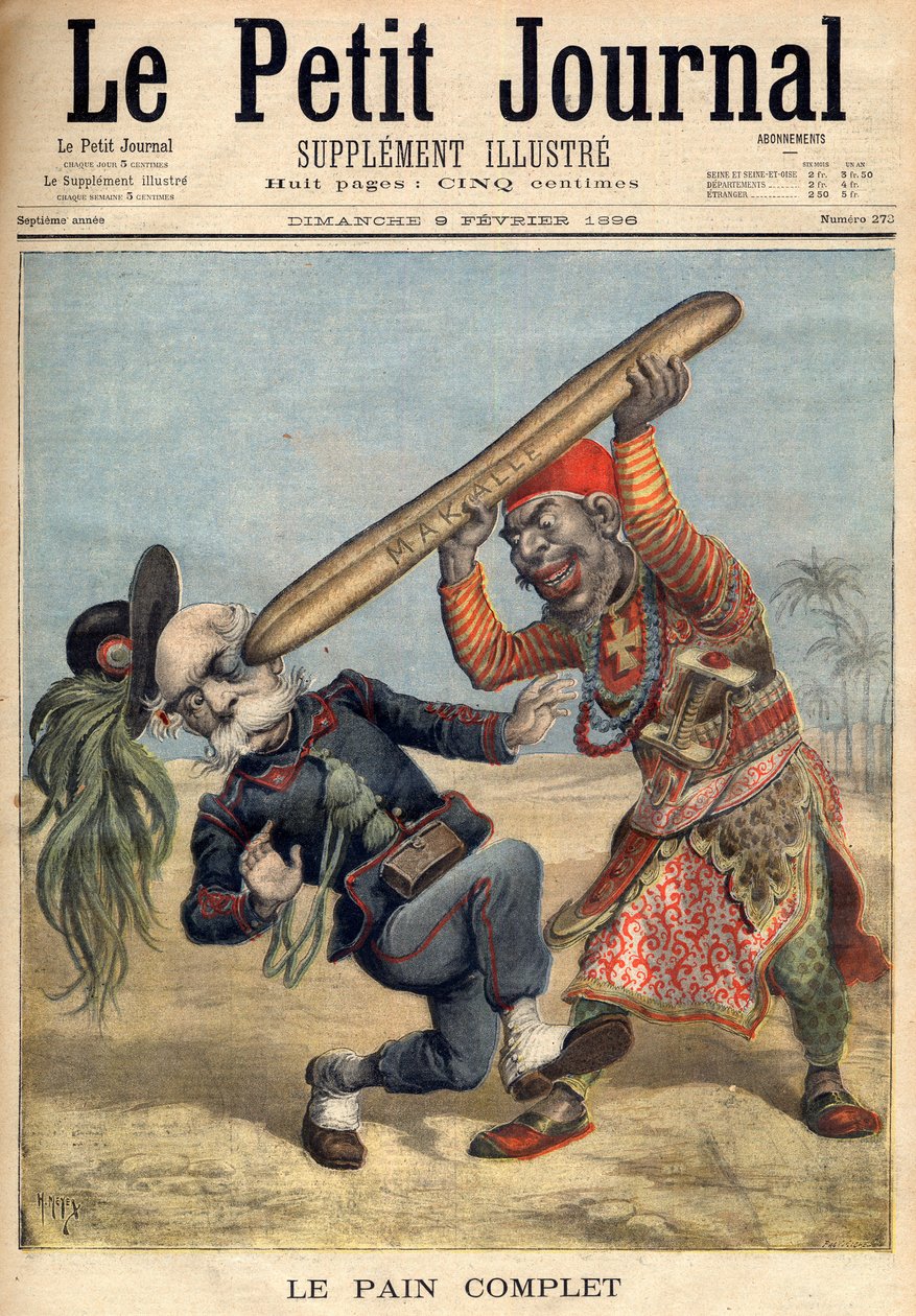 الحرب الإيطالية الإثيوبية الأولى - رسم كاريكاتوري لفرانشيسكو كريسبي (1818-1901) وهزيمة جيش الغزو الإيطالي في حصار ماكالي ، إثيوبيا - في "لو بيتي جورنال" بتاريخ 09/02/1896 (نقش) بواسطة المدرسة الفرنسية