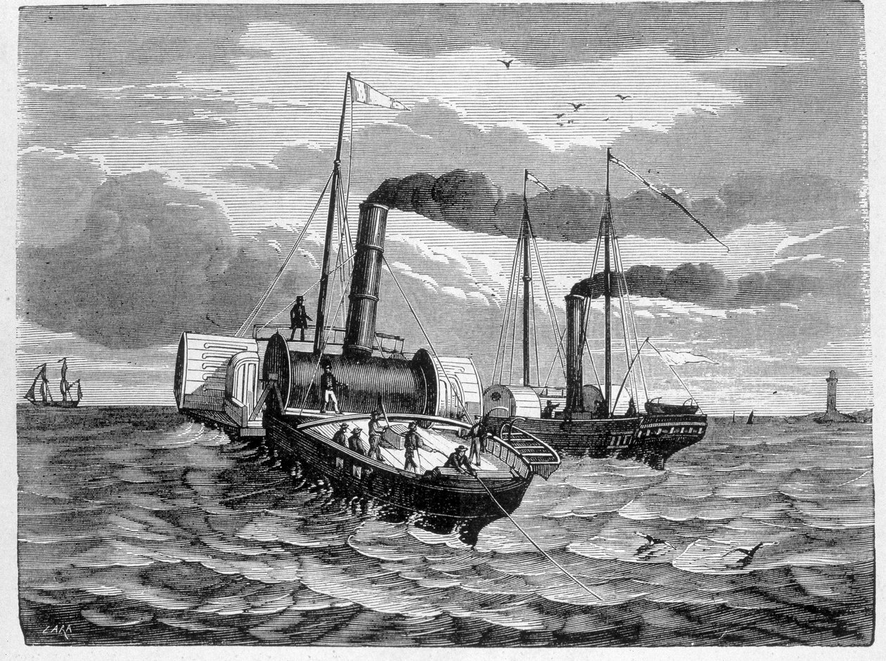 المحاولة الأولى لتركيب موصل كهربائي من دوفر إلى كاليه (1851) - في "" ألبوم العلوم ؛ علماء لامعون الاكتشافات العظيمة "" "1896. بواسطة المدرسة الفرنسية
