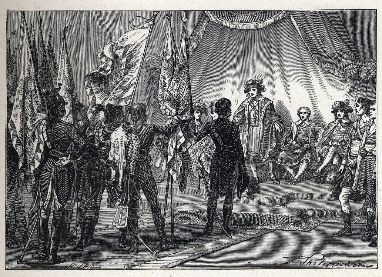 التحالف الأول: يواكيم مراد (1767-1815) يقدم للمجلس التنفيذي الأعلام التي احتلها الجيش الفرنسي بقيادة نابليون بونابرت خلال الحملة الإيطالية. نقش من عام 1889. مجموعة خاصة. بواسطة المدرسة الفرنسية