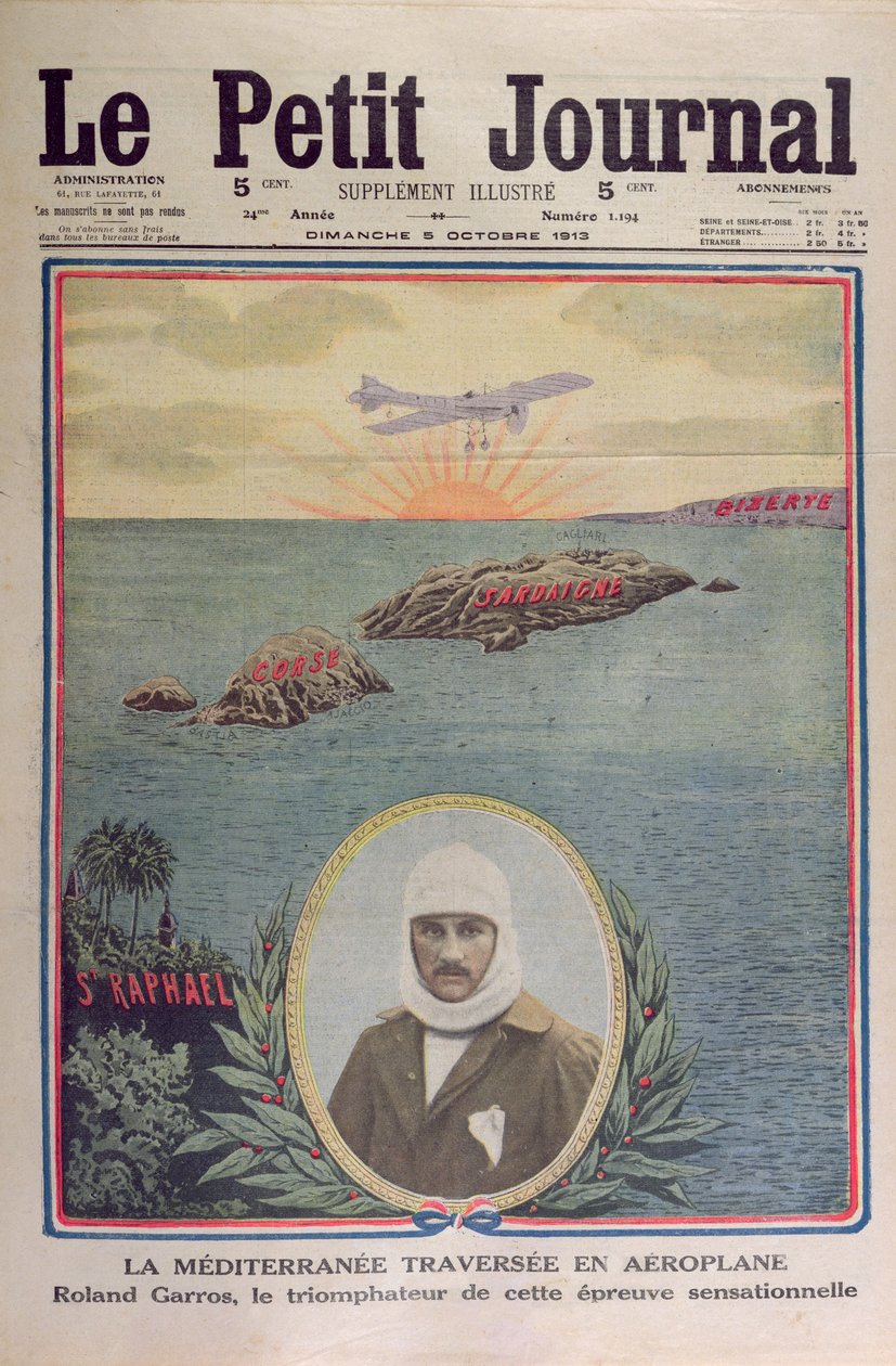 المعبر الأول للبحر الأبيض المتوسط في 23 سبتمبر 1913 بقلم رولاند جاروس (1888-1918) ، غلاف توضيحي لجريدة بيتيت جورنال في الخامس من أكتوبر 1913 بواسطة المدرسة الفرنسية