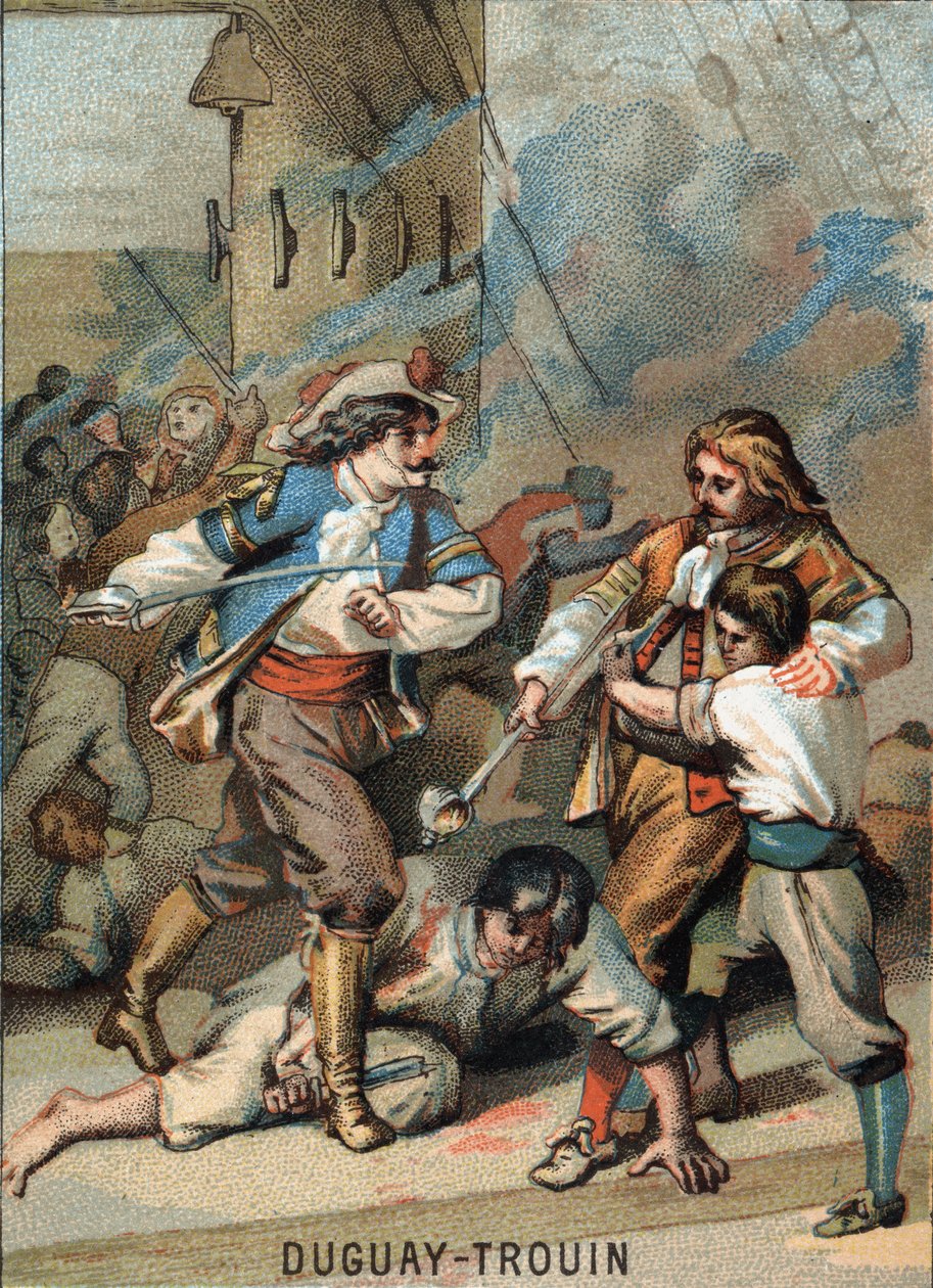 First feat of Rene Duguay Trouin (Duguay-Trouin) (Rene Trouin du Gue dit) (1673-1736), French sailor: Duguay - Trouin combattant Wassenaer (1695). Chromolithography of the Series “” Patriotic Education through Image””. بواسطة المدرسة الفرنسية