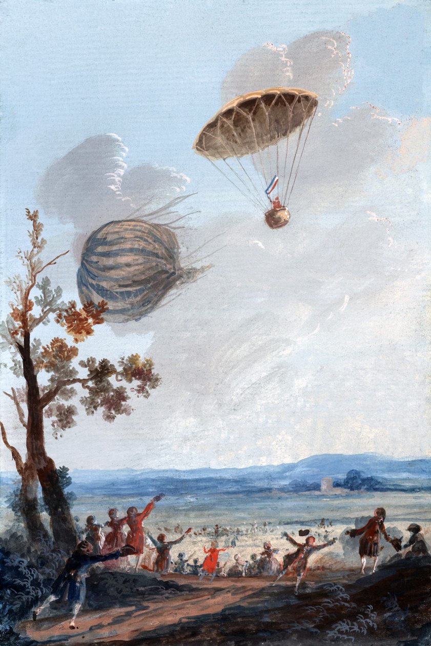 أول رجل ينزل في مظلة ، 22 أكتوبر 1797 ، في بارك مونسو ، باريس ، c.1797 بواسطة المدرسة الفرنسية