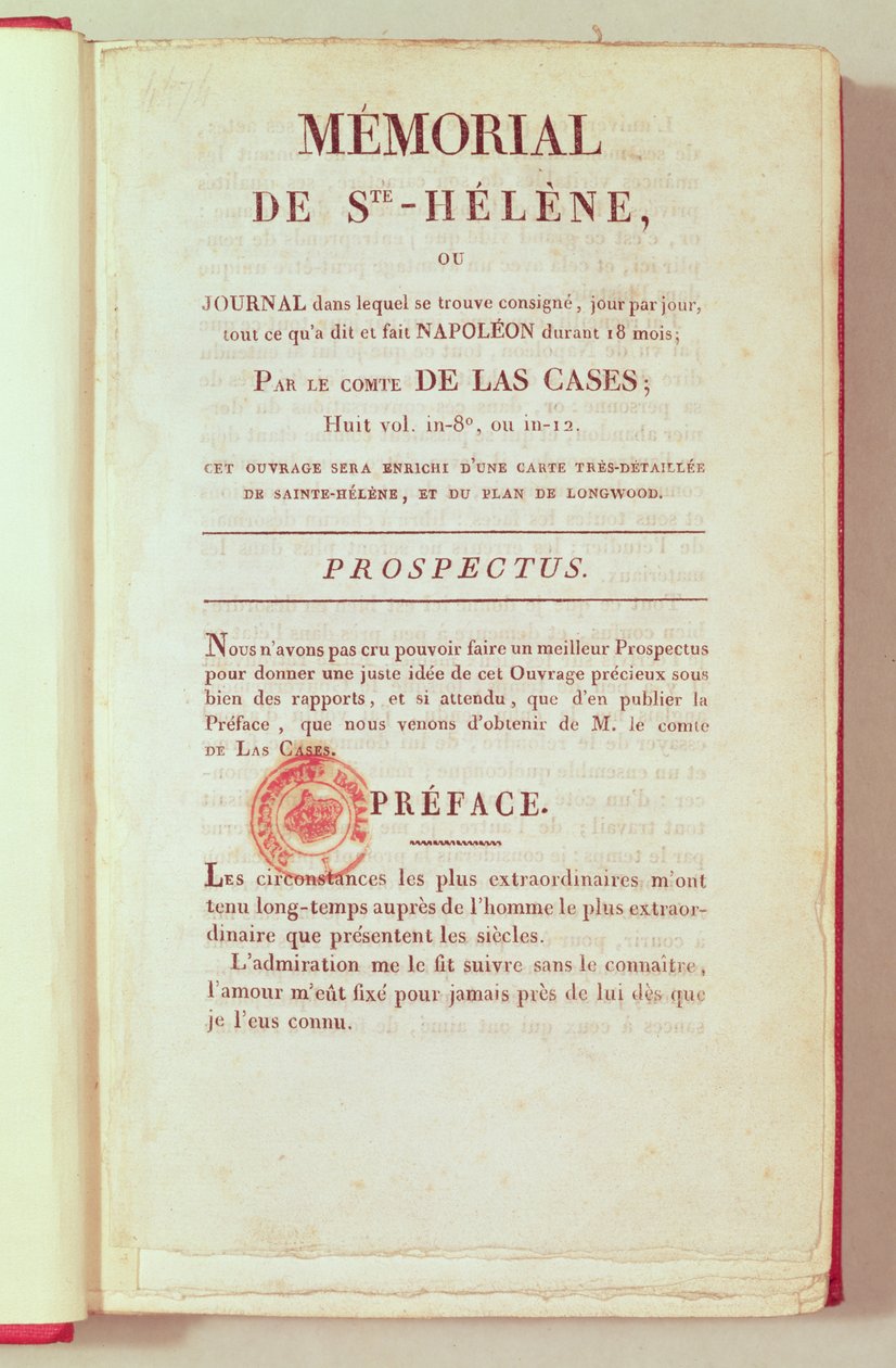 الصفحة الأولى من ميموريال سانت سانت هيلين بواسطة حالات إيمانويل لاس (1766-1842) 1823 بواسطة المدرسة الفرنسية