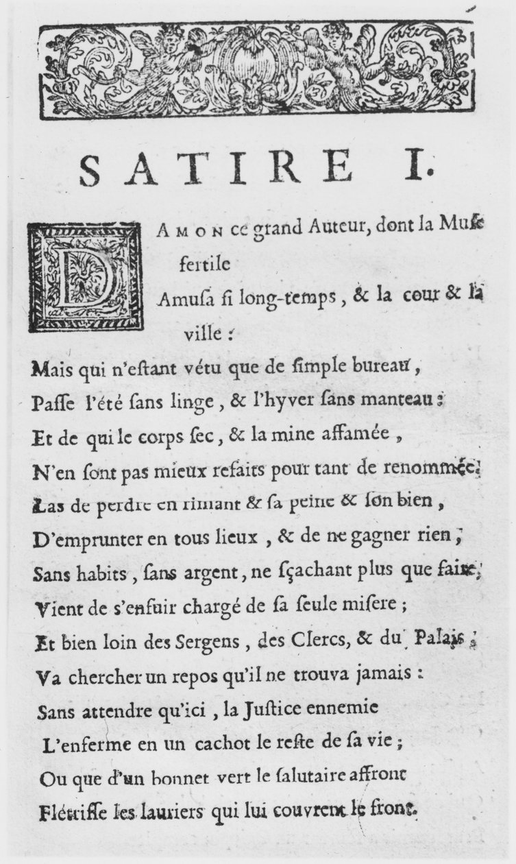 الصفحة الأولى من هجاء نيكولاس بويلو ، والمعروفة باسم Boileau-Despreaux ، نشرت في 1685 بواسطة المدرسة الفرنسية