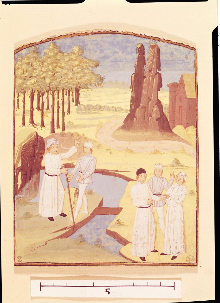 خمسة أشخاص يناقشون تصميم الحديقة ، من Livre des Prouffitz Champestres بقلم بيترو دي كريسينزي (1230-132021) بواسطة المدرسة الفرنسية