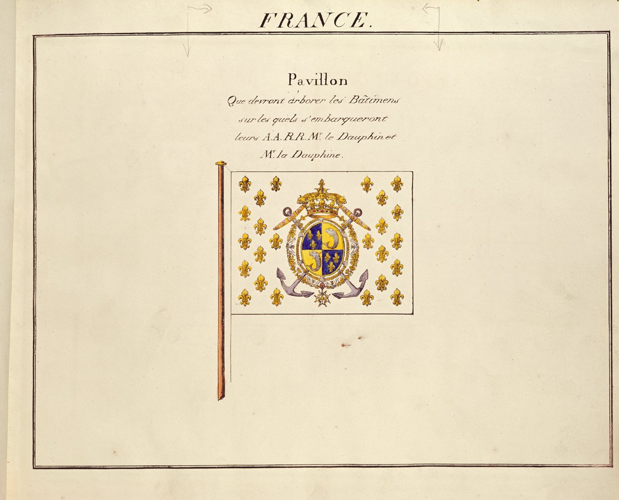 علم دوفين ودوفين ، لويس أنطوان وماري تيريز من فرنسا ، من Pavillons des Puissances Maritimes ، c.1815-30 (نقش الألوان) بواسطة المدرسة الفرنسية