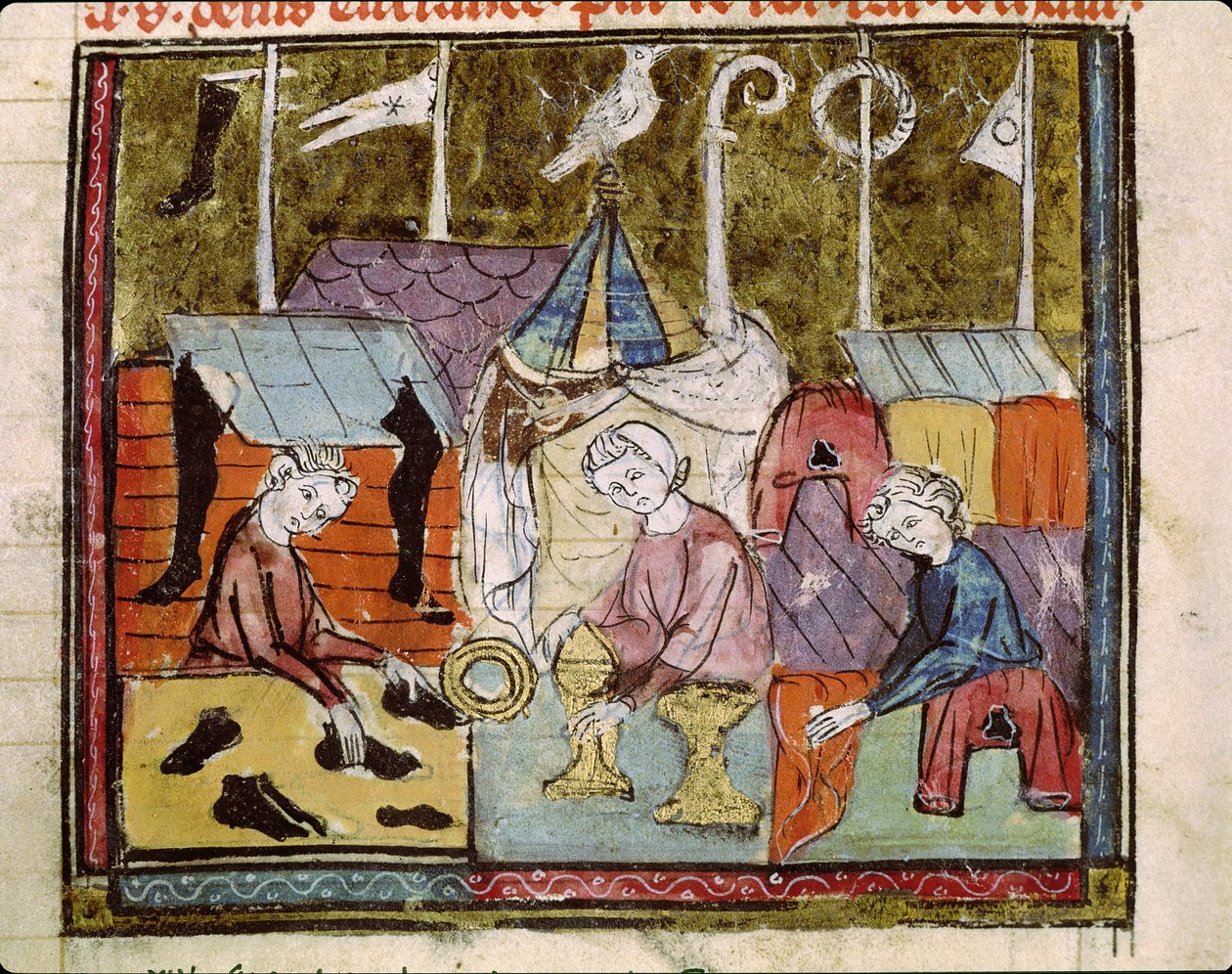 Fol.122v التجار في معرض Lendit بالقرب من St. Denis ، من Grandes Chroniques de France ، 1375-79 بواسطة المدرسة الفرنسية