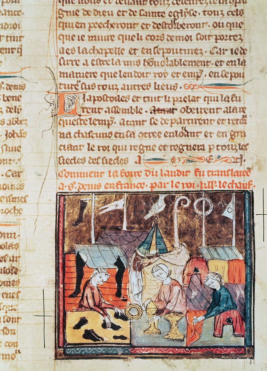 Fol.122v التجار في معرض Lendit بالقرب من St. Denis ، من Grandes Chroniques de France ، 1375-79 بواسطة المدرسة الفرنسية