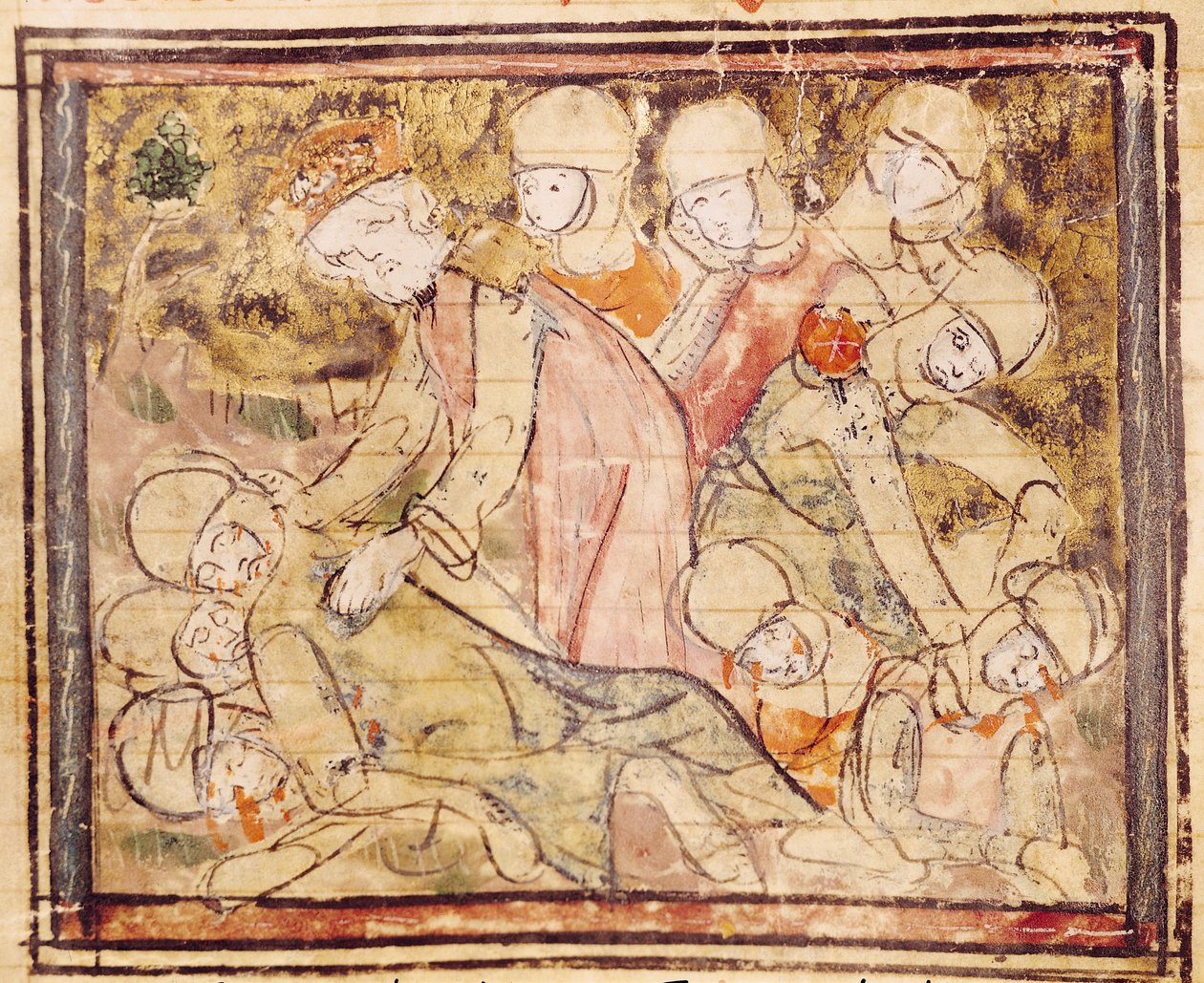 الورقة ١٣٦ ظ كيف وجد شارلمان (٧٤٢-٨١٤) رولاند ميتًا ، من Grandes Chroniques de France ، 1375-79 بواسطة المدرسة الفرنسية