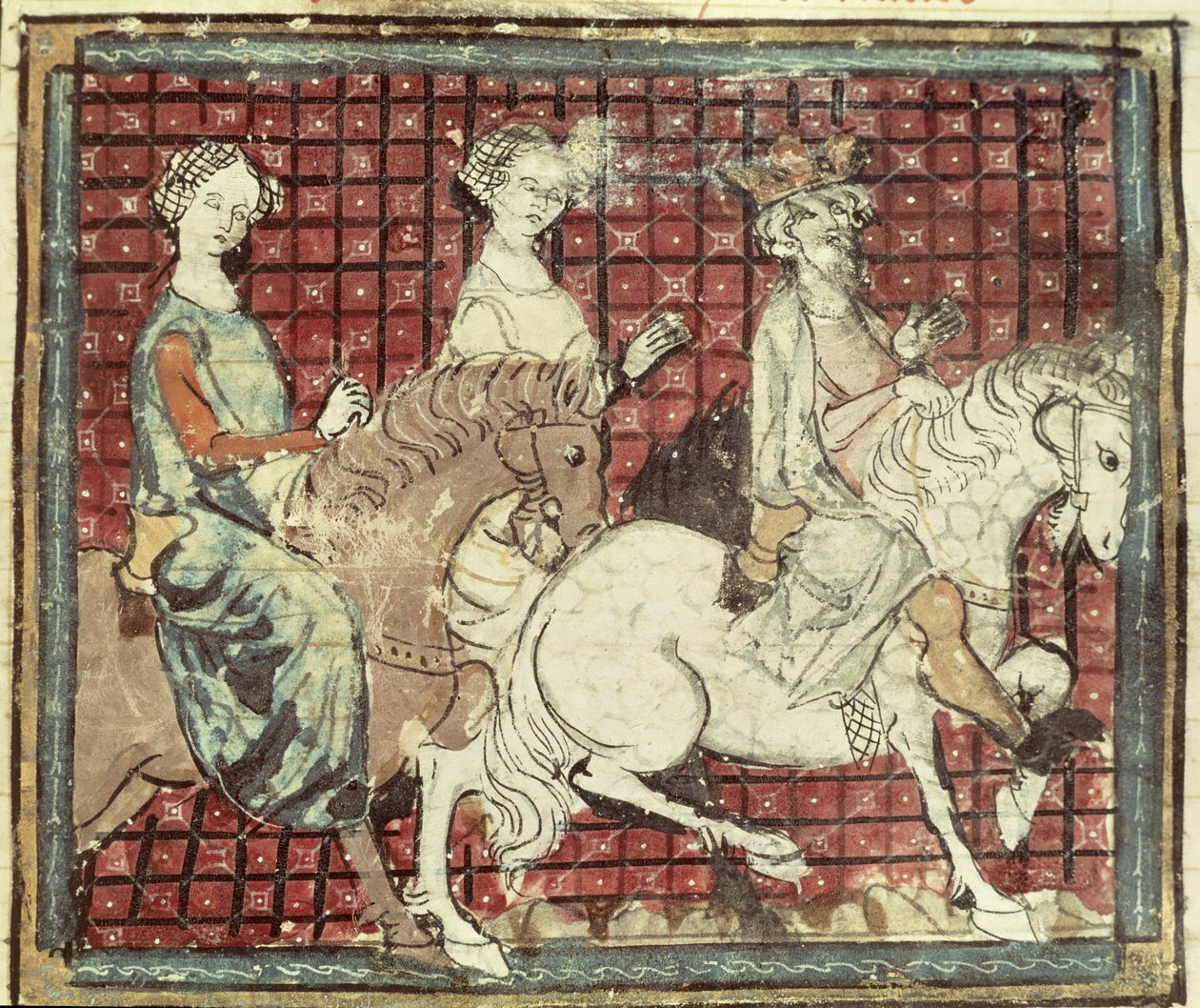 Fol.31r Chilperic I (543-97) و Fredegonde على ظهور الخيل ، من Grandes Chroniques de France ، 1375-79 بواسطة المدرسة الفرنسية