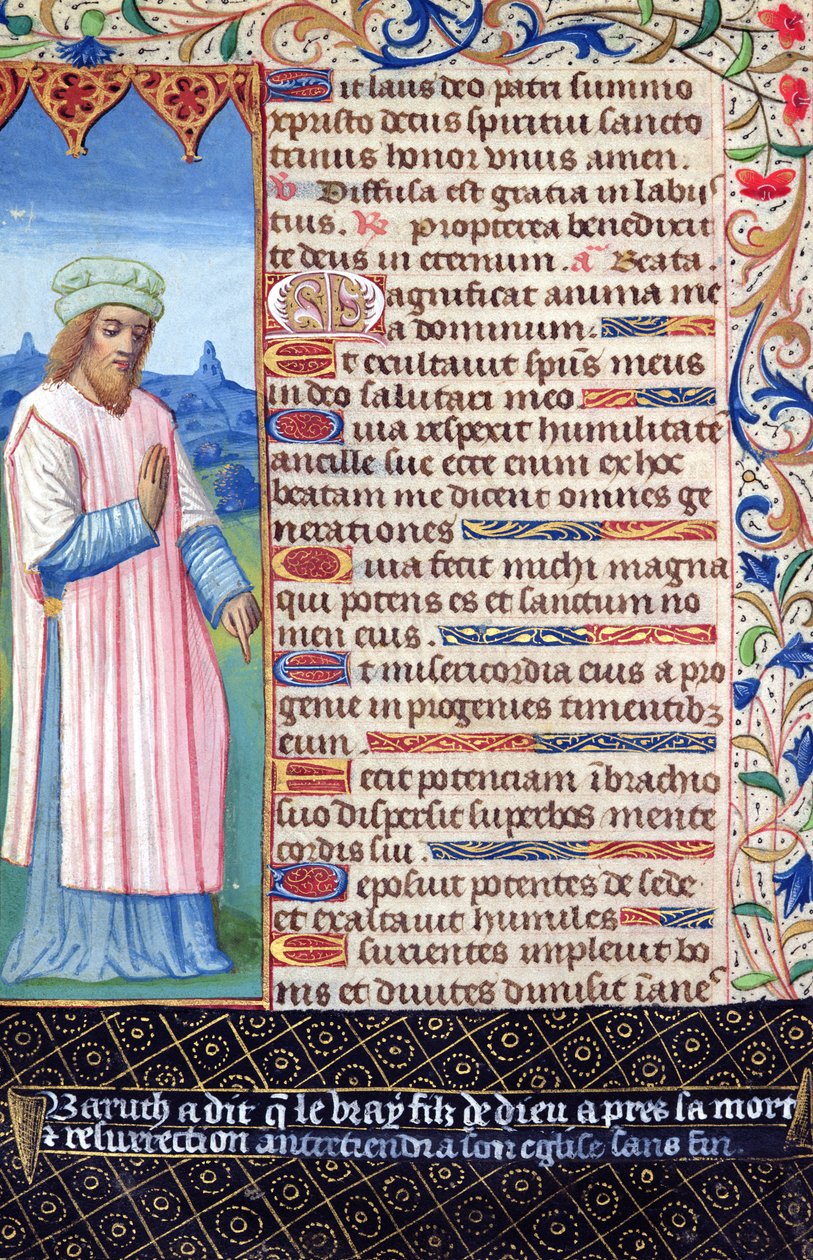 Fol.36v نص Magnificat مع صورة لباروخ ، من Heures a lUsage de Rome بواسطة المدرسة الفرنسية