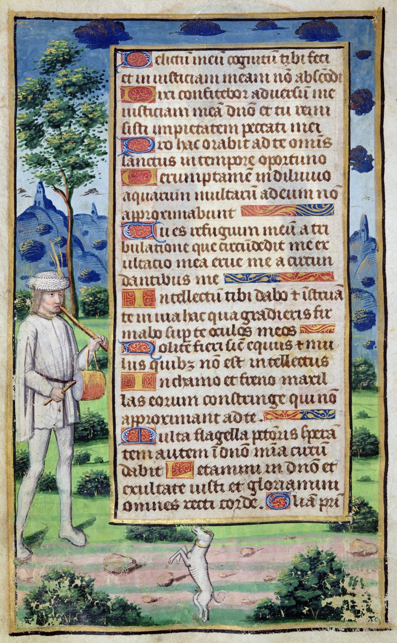 Fol.50v صفحة نصية بها إطار تفصيلي لموسيقي يصنع كلبه وهو يرقص ، من "Heures de l'Usage de Rome" (رق) بواسطة المدرسة الفرنسية
