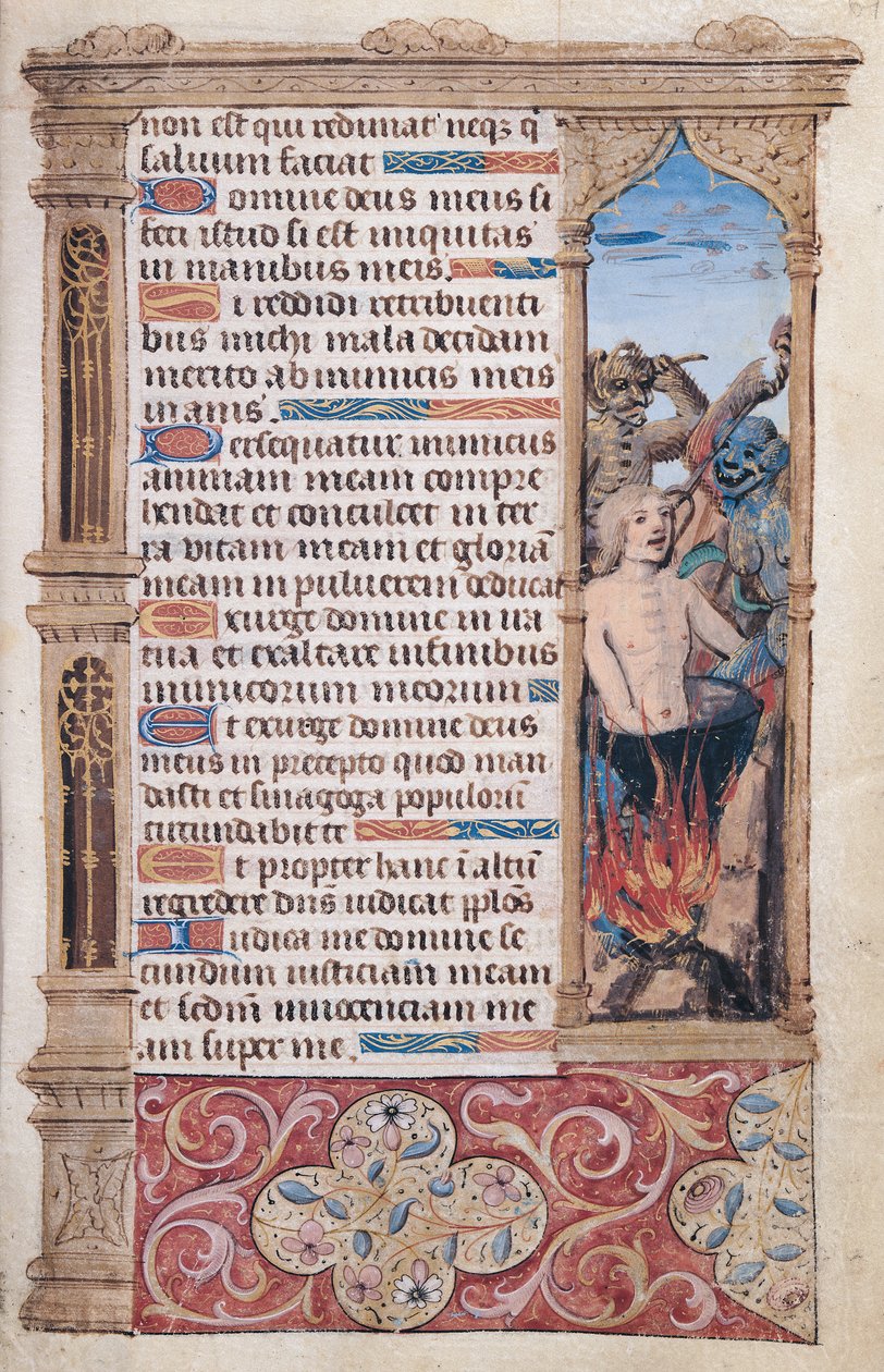 Fol.67r صفحة نص بها إطار تفصيلي لرجل يتعرض للتعذيب على يد شياطين ، من "Heures de l" Usage de Rome " بواسطة المدرسة الفرنسية