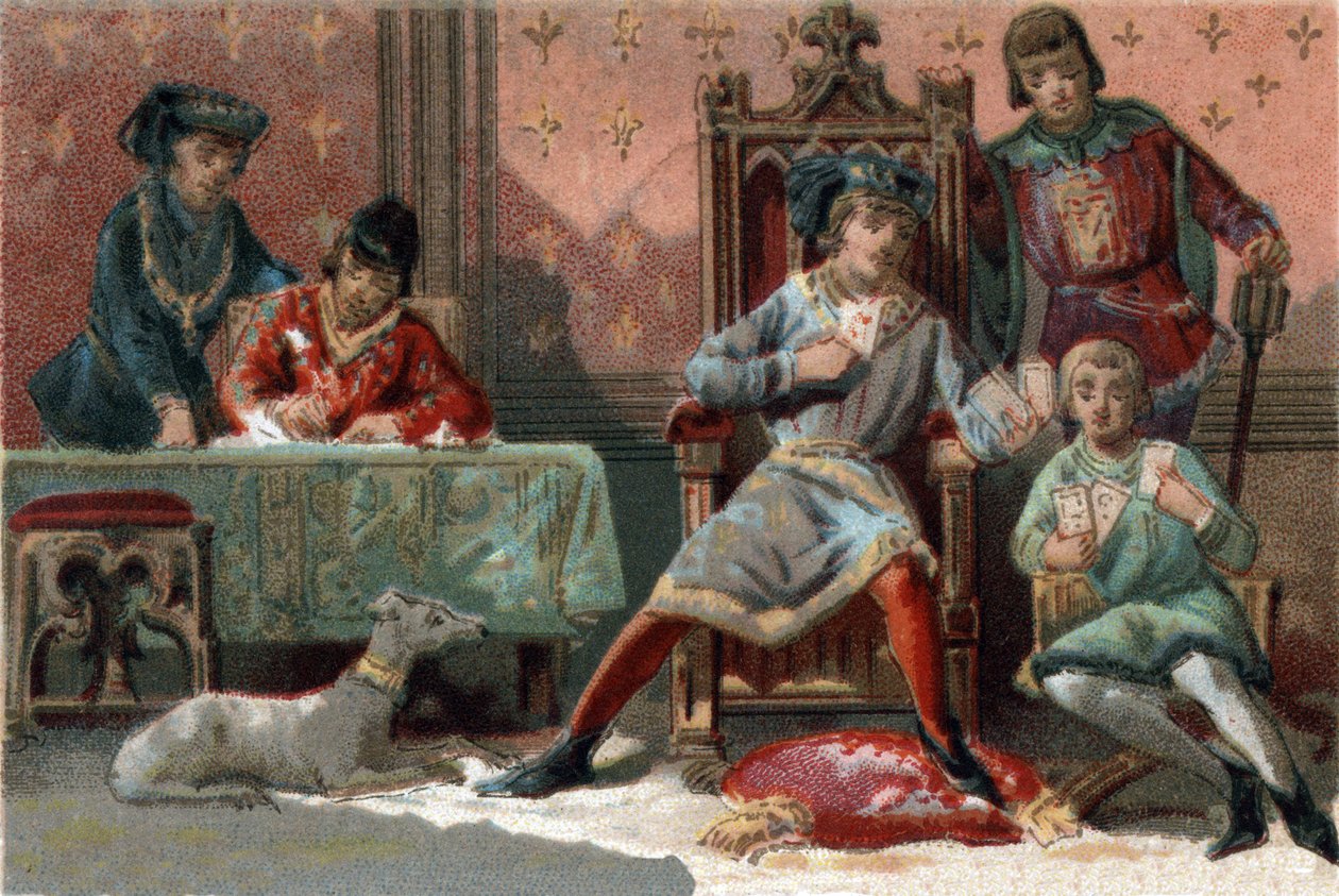 للإلهاء ، اعتاد ملك فرنسا شارل السادس (1368-1422) لعب الورق. الطباعة الحجرية الملونة حوالي عام 1890. بواسطة المدرسة الفرنسية