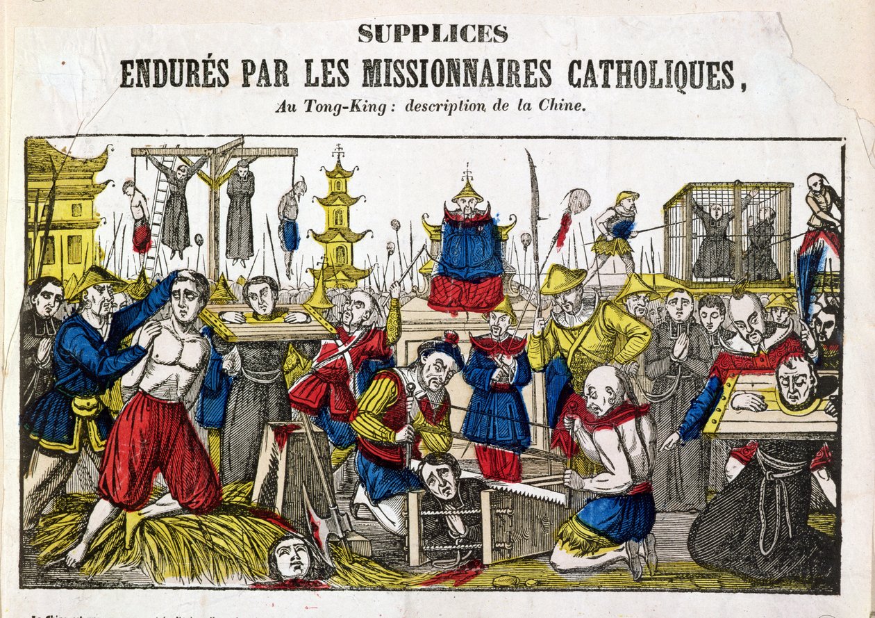 أشكال التعذيب التي تحملها المبشرون الكاثوليك في تونكينج ، الصين ، 1840 بواسطة المدرسة الفرنسية