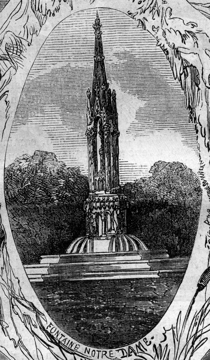 نافورة باريس: منظر لنافورة العذراء (نافورة نوتردام) (حوالي 1845). نقش في "" Le Monde Illustré "" رقم 254 بتاريخ 22 فبراير بواسطة المدرسة الفرنسية