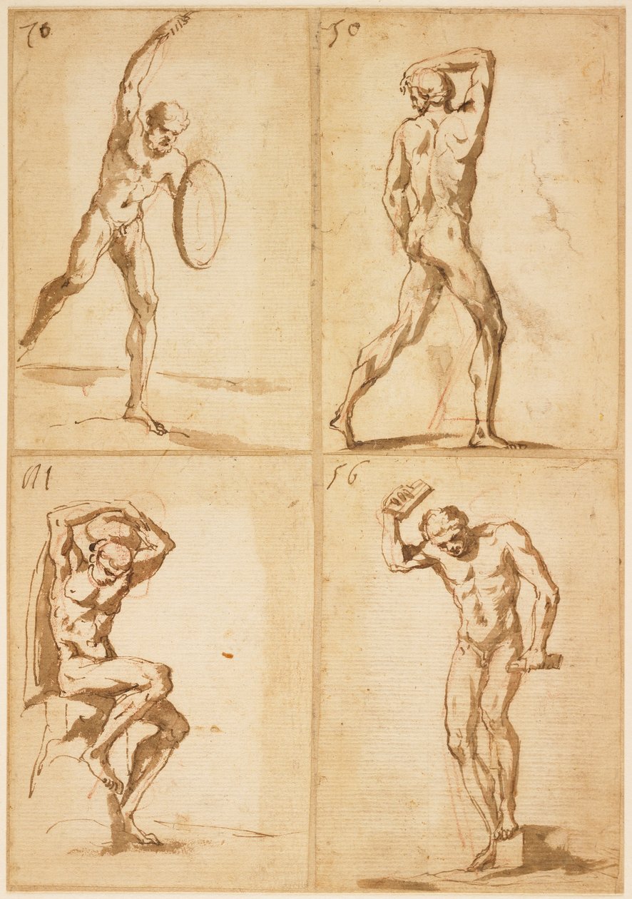 أربع دراسات عن العراة الذكور (قلم وحبر بني ويغسل على الطباشير الأحمر) بواسطة المدرسة الفرنسية