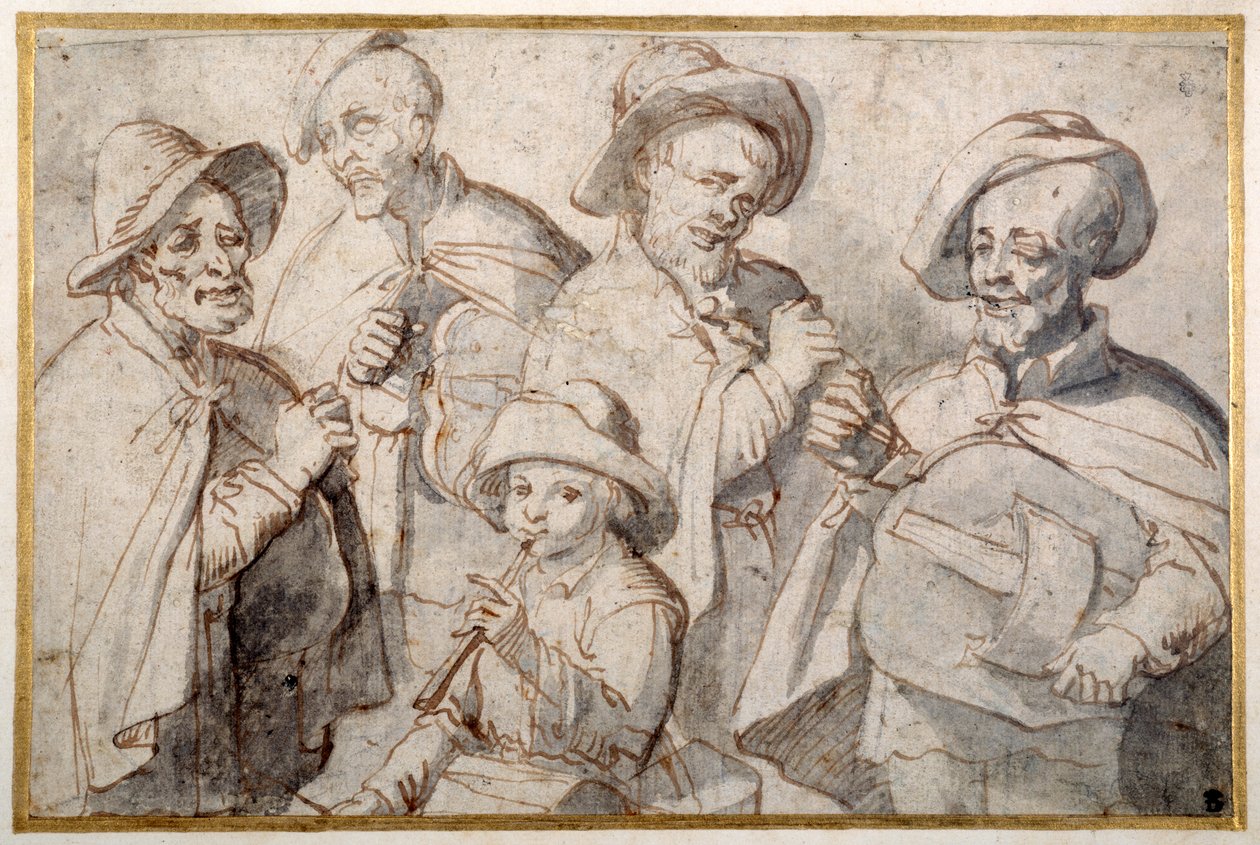 أربعة لاعبين من نوع Hurdy-gurdy وصبي يحمل أنبوبًا ، حوالي 1650-99 (قلم وحبر على ورق) بواسطة المدرسة الفرنسية