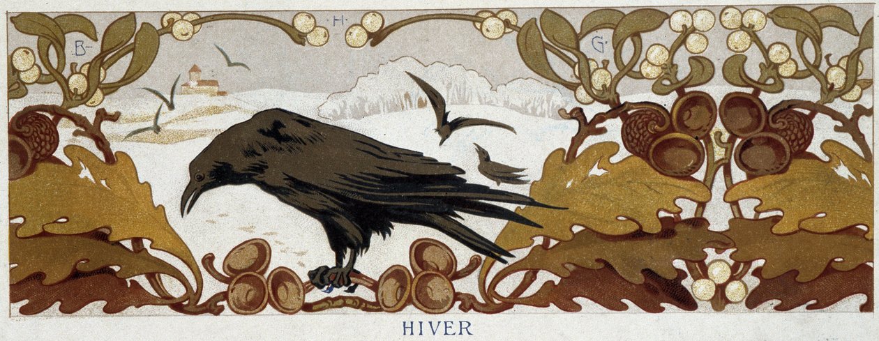 Four seasons, winter: raven on an oak - chromolithography, late 19th century بواسطة المدرسة الفرنسية