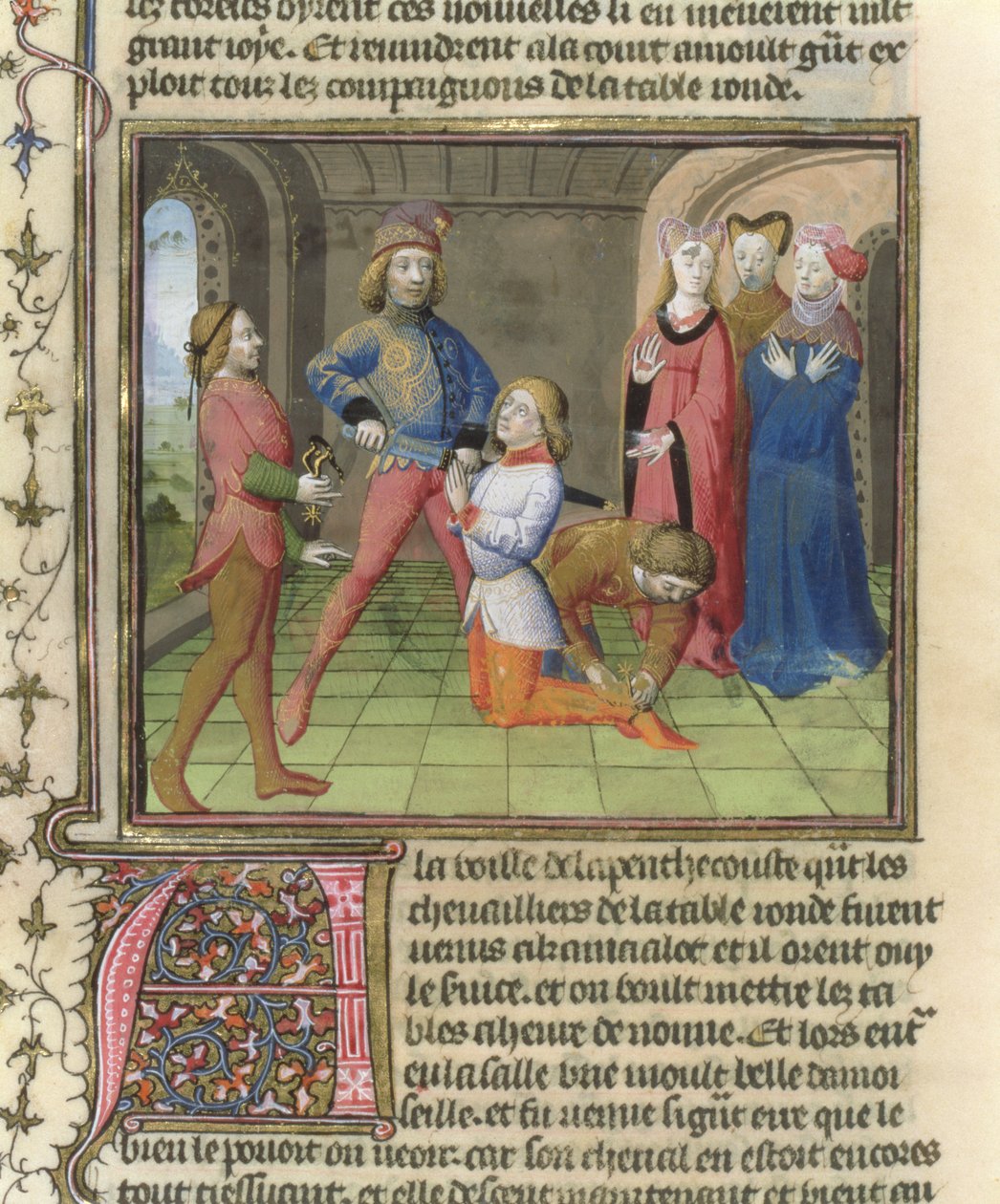 Fr.120 f.522v فارس لانسلوت من قصة لانسلوت في لا كوايت دي سان جرال بواسطة المدرسة الفرنسية