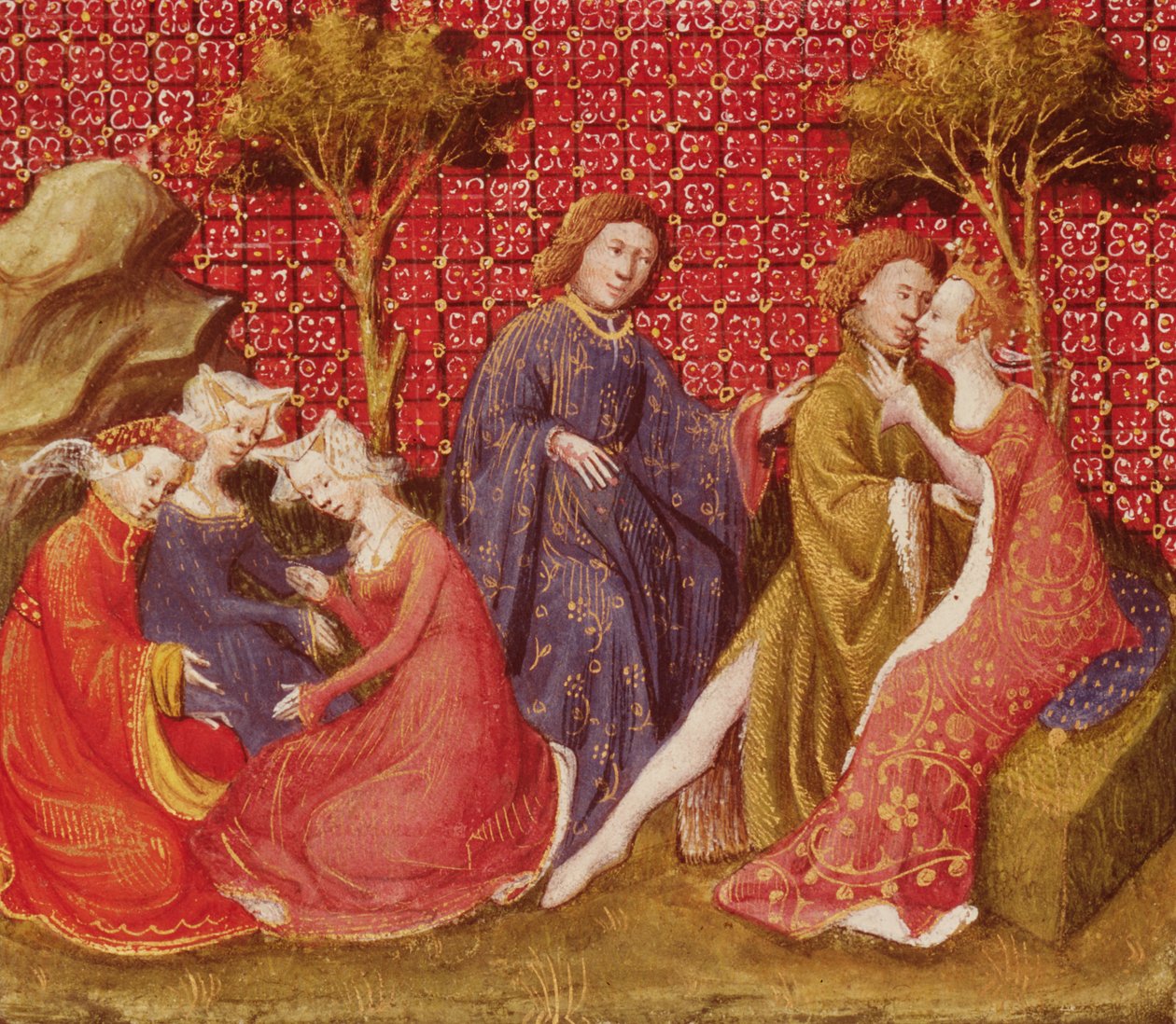 Fr 118 f.219v كيف قبّل لانسلوت Guinevere لأول مرة من لانسلوت دو لاك بواسطة المدرسة الفرنسية
