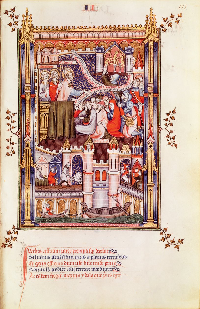 Fr 2091 fol.111 القديس دينيس الوعظ للباريسيين الذين كسروا أصنامهم الوثنية ، من Vie de St. Denis ، 1317 بواسطة المدرسة الفرنسية