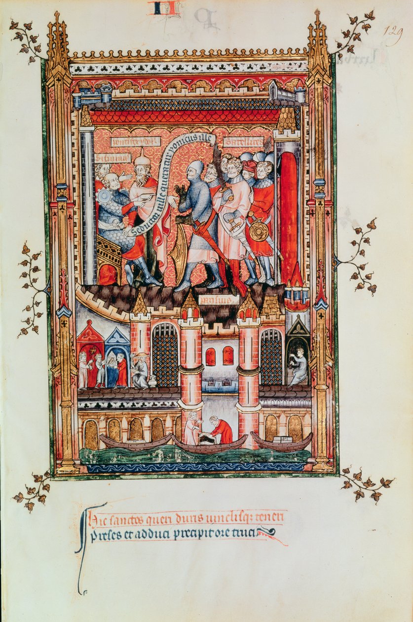 Fr 2091 fol.129 Sisinnius يعطي أوامر للقديس دينيس ورفاقه الذين عرضوا عليه من Vie de St. Denis، 1317 بواسطة المدرسة الفرنسية